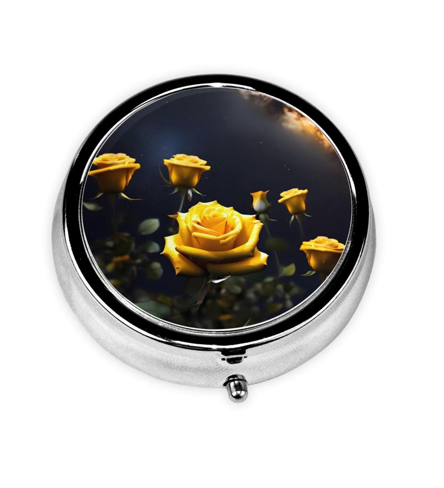 Beautiful Yellow Roses Round Pill Box | 3 Compartment Travel Organizer | Portable Pill Box for Easy Medication Management - Buy Online on GoSupps.com