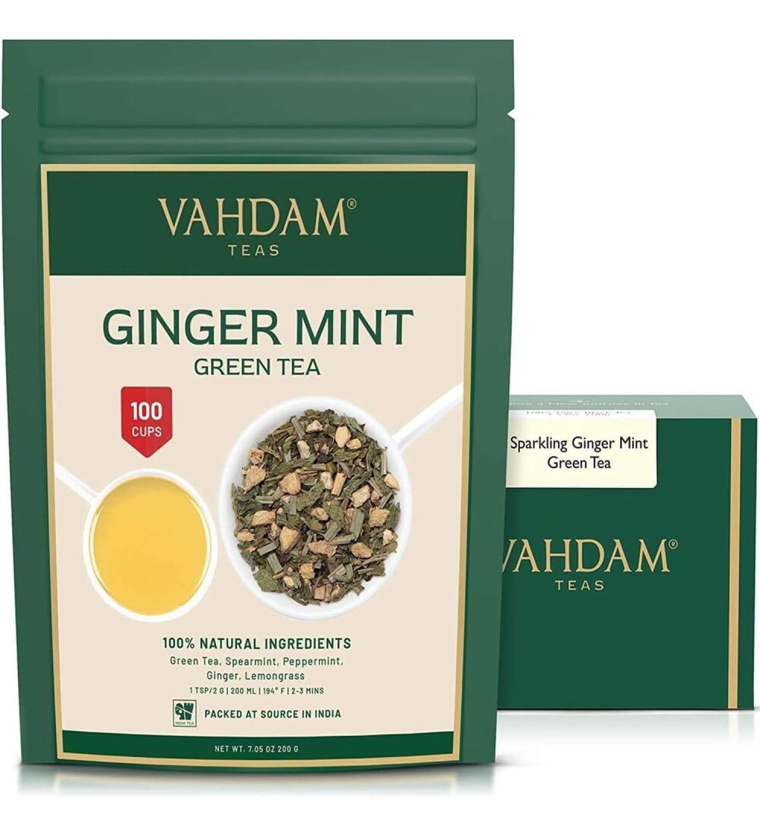 Ginger Mint Green Tea - Vahdam 200g | Aromatic & Delicious | Pure Green Tea Leaves | Iced Tea or Hot Brew - Buy Online on GoSupps.com