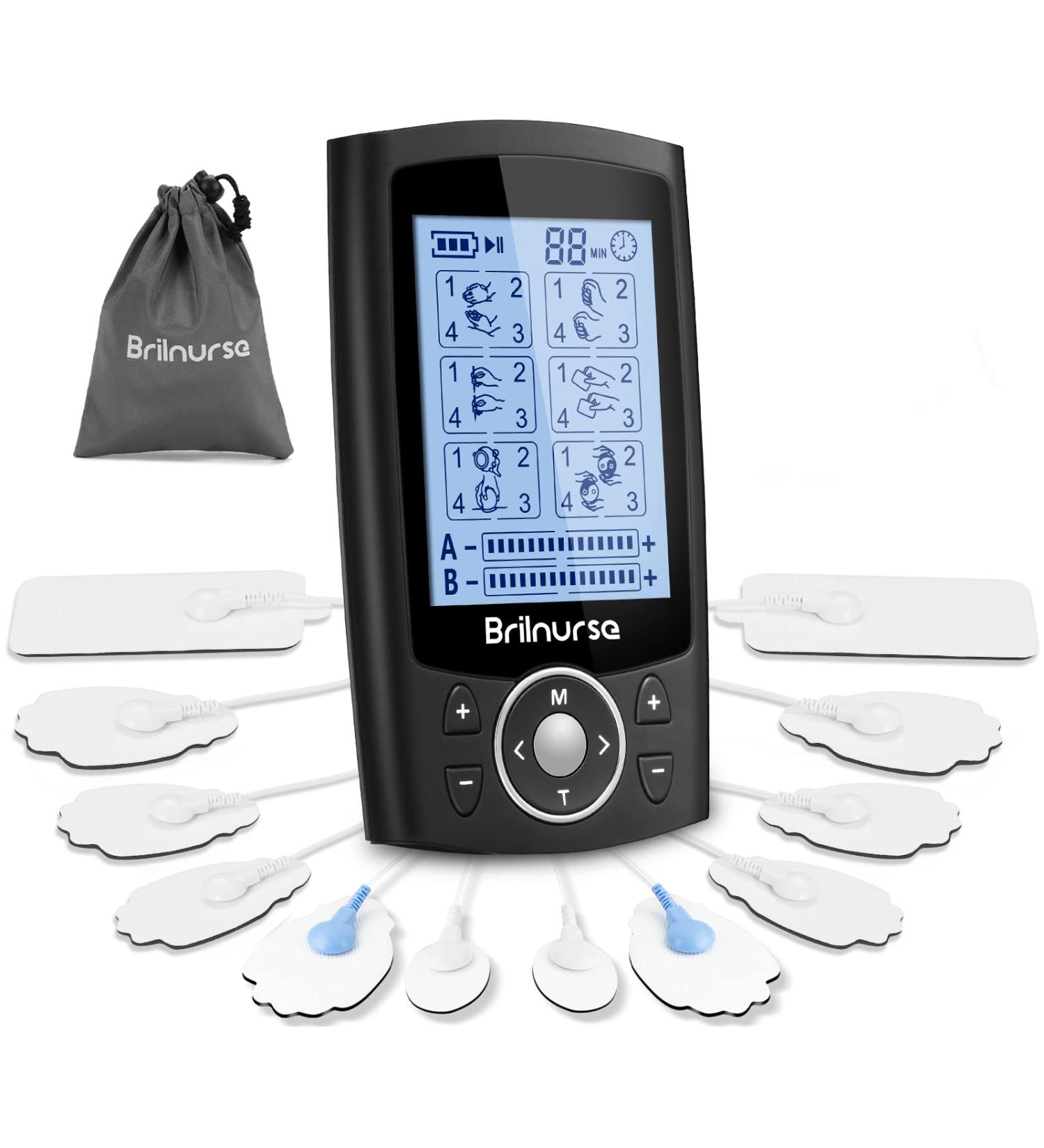 Brilnurse TENS Unit Muscle Stimulator | 24 Modes, 30 Intensity Levels | Dual Channel Electric Massager with 12 Electrode Pads | Rechargeable Pain Relief Machine | Black - Buy Online on GoSupps.com