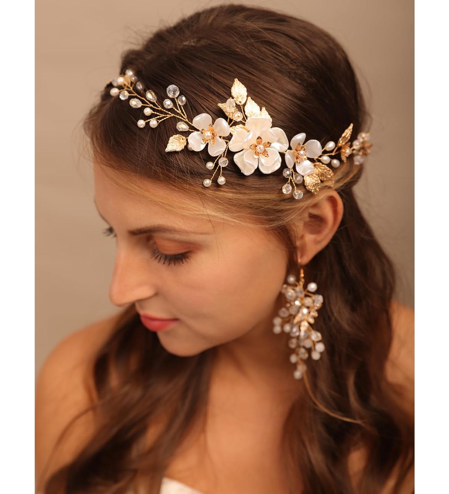 BERYUAN Women White Flowers Gold Leaves Pearls Rhinestone Wedding Hair Vine Princess Pearls Rhinestone Bride Hairpiece Gold Wedding Hair Accessory Gold Bridal Headpiece for Wedding for Women Girls - Buy Online on GoSupps.com