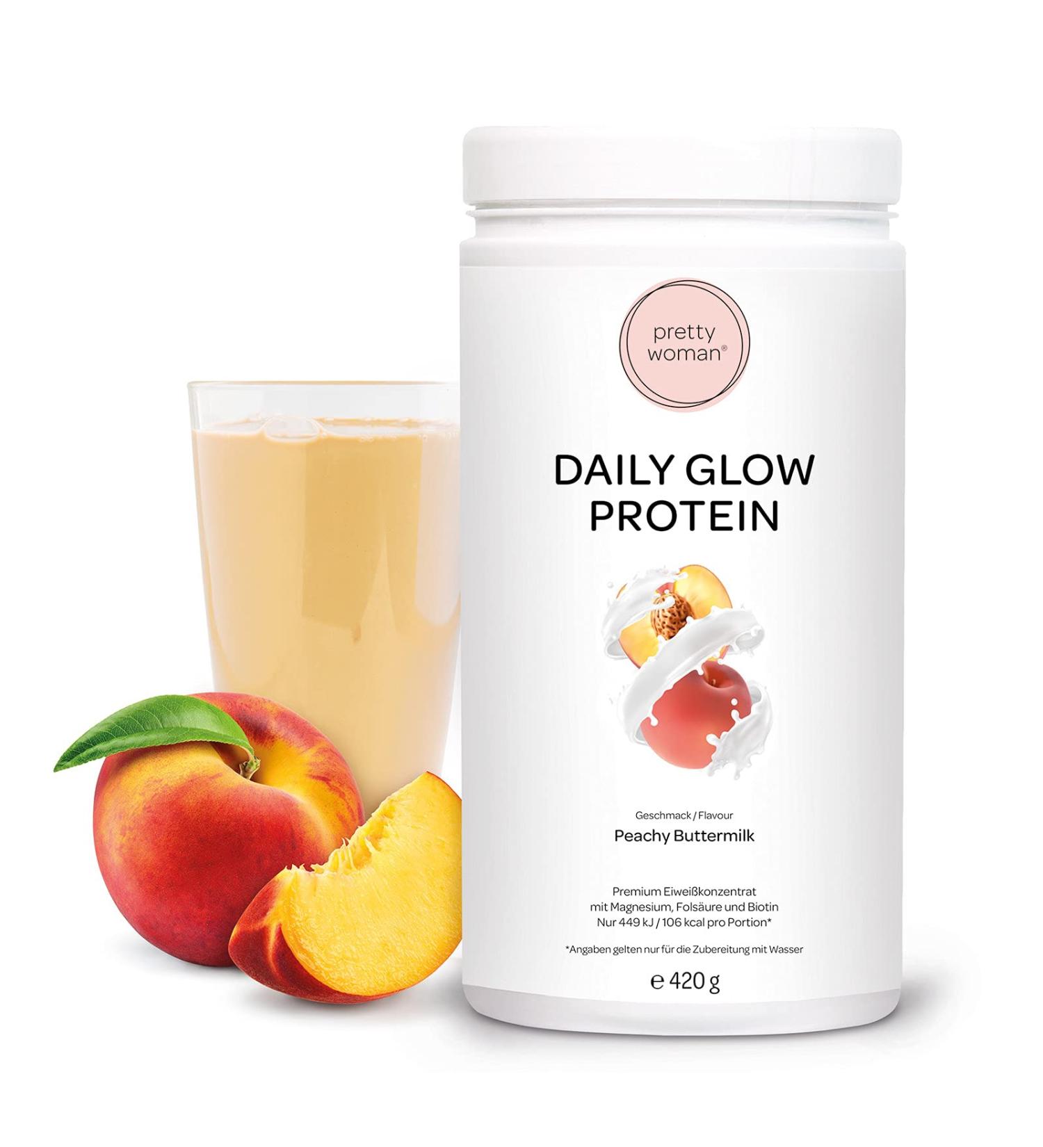 Pretty Woman Daily Glow Protein Powder for Women - Peachy Buttermilk Low Carb Shake with Vitamins Minerals Biotin & Folic Acid - Only 0.5g Sugar per Portion - 420g International Shipping Available - Buy Online on GoSupps.com
