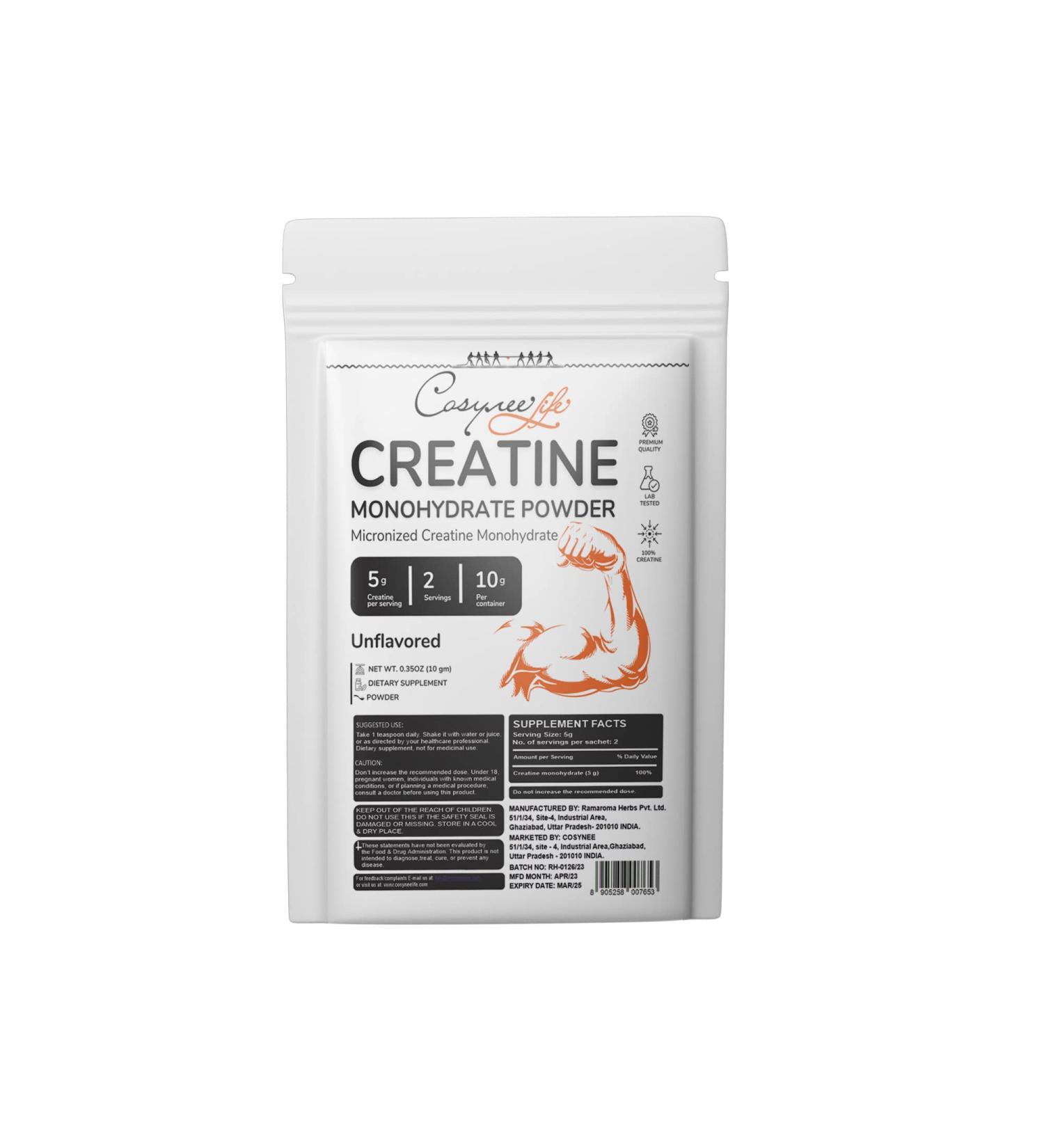 Cosynee Creatine Monohydrate Micronized Powder - Pure Quick Dissolving for Muscle Gain & Energy Boost - 0.35oz (10g) - International Shipping Available - Buy Online on GoSupps.com