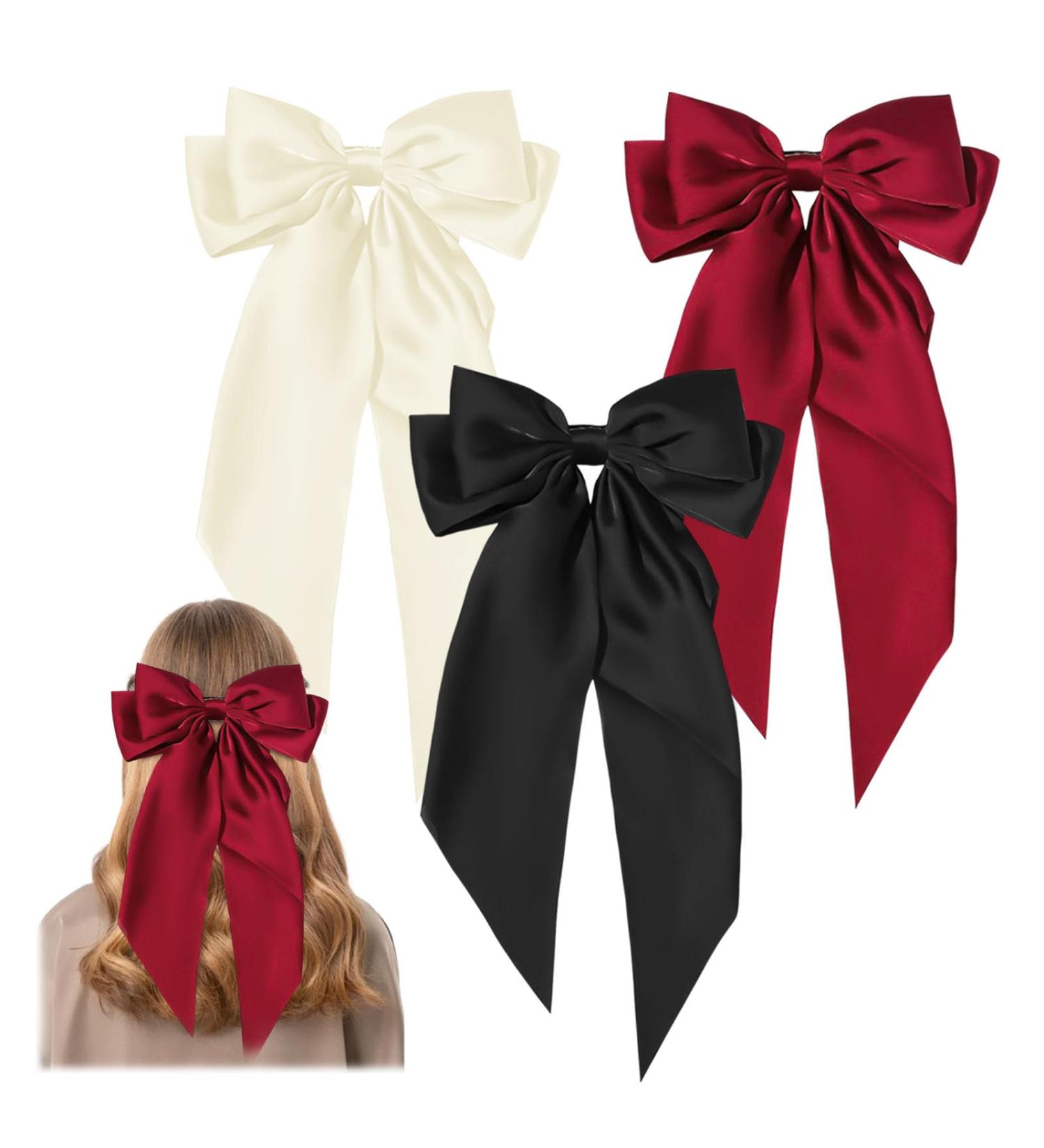 GWAWG 3Pcs Big Bow Hair Clip French Hair Clip Big Bowknot Hairpin with Long Silky Satin Solid Color Tail White and Black and Red for Women Girls Barrettes Hair Fastener Accessories - Buy Online on GoSupps.com