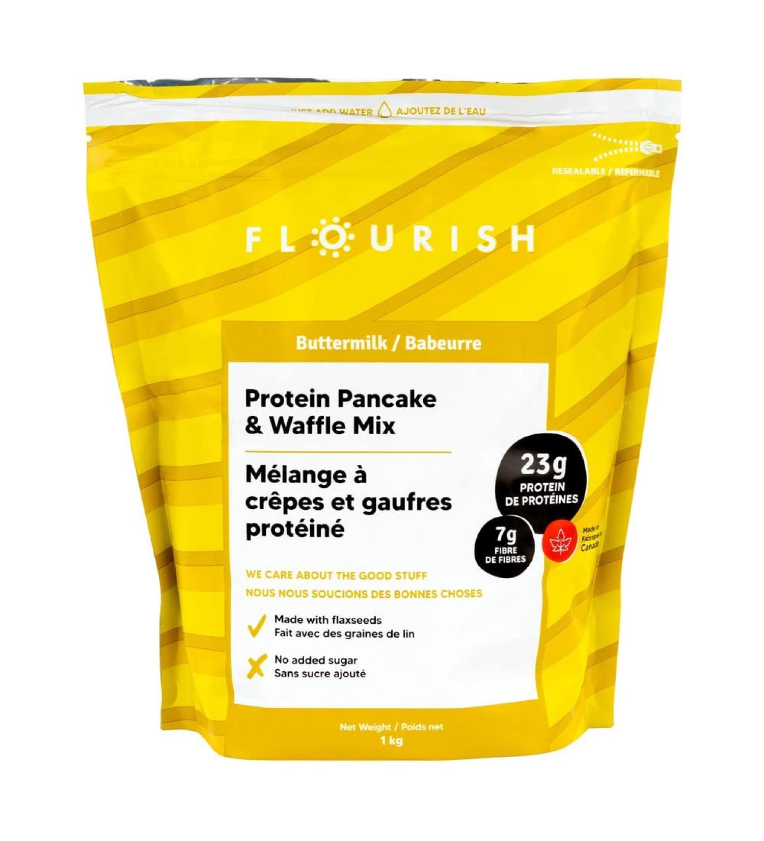 Flourish Protein Pancake & Waffle Mix Whey Protein Isolate & Flax Seeds Non-GMO No Added Sugar Superfood High Protein & Fibre Just Add Water 1 kg (Buttermilk) - Buy Online on GoSupps.com