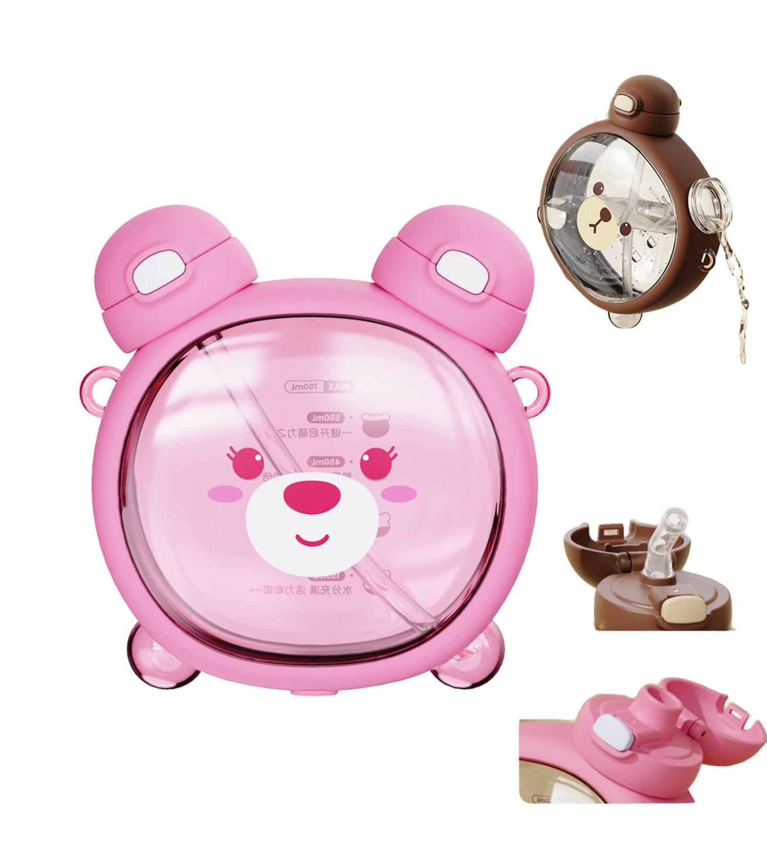 Hrtesus Bear Pink Kawaii Water Bottle with Straw and Adjustable Strap - Buy Online on GoSupps.com