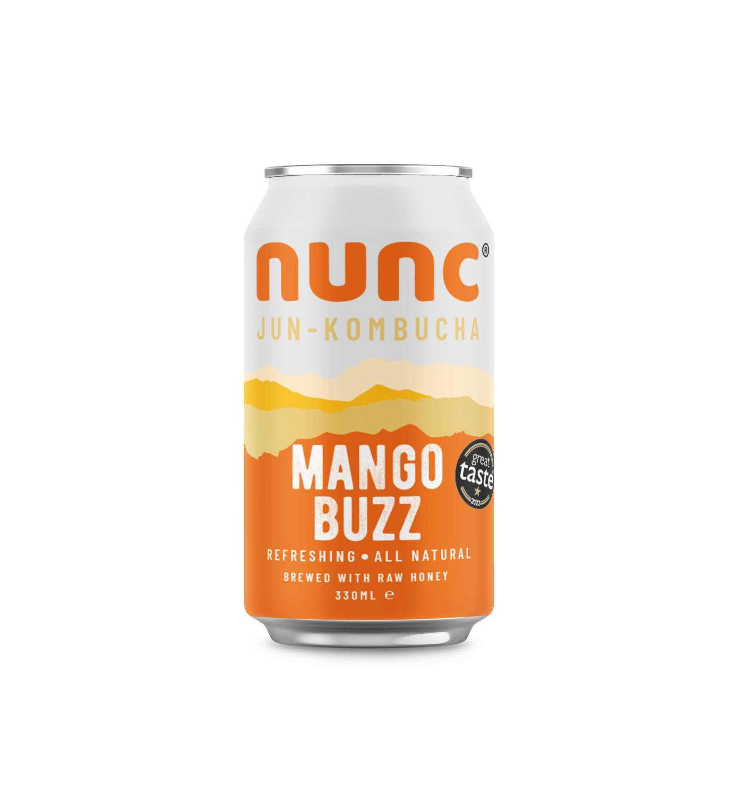 Nunc Jun-Kombucha Mango Buzz (12 x 330ml) - Premium Green Tea & Raw Honey - Refreshing Sparkling Tea for Gut Health & Natural Energy - Gluten Free & GMO Free - 30 Cal - Buy Online on GoSupps.com