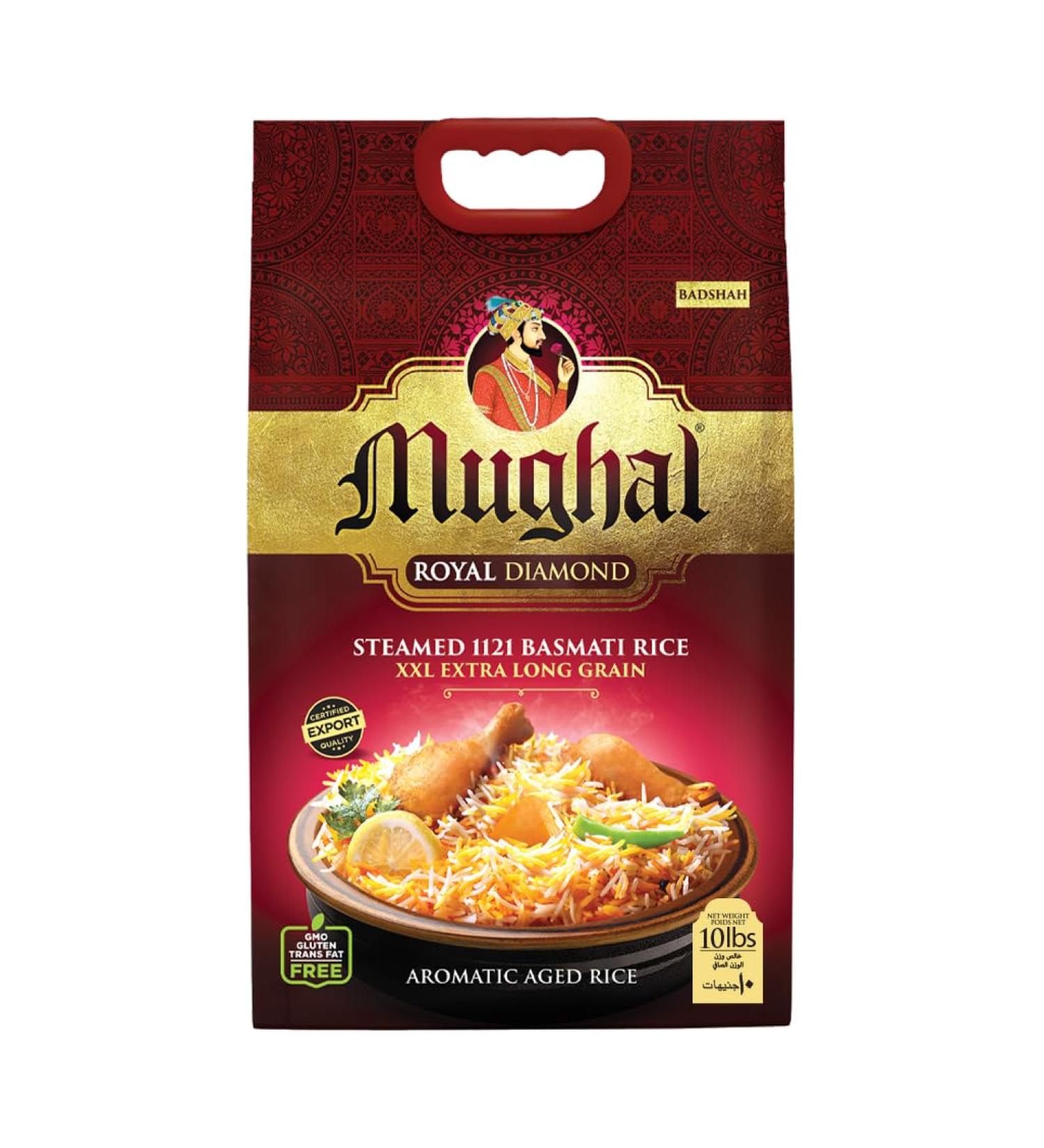 Mughal Royal Diamond Basmati Rice 10 lbs (4.54 kgs) Extra-long grains non-GMO Gluten Free Trans Fat Free Genuine 1121 Steamed Rice Naturally Aromatic BRC Certified - Buy Online on GoSupps.com