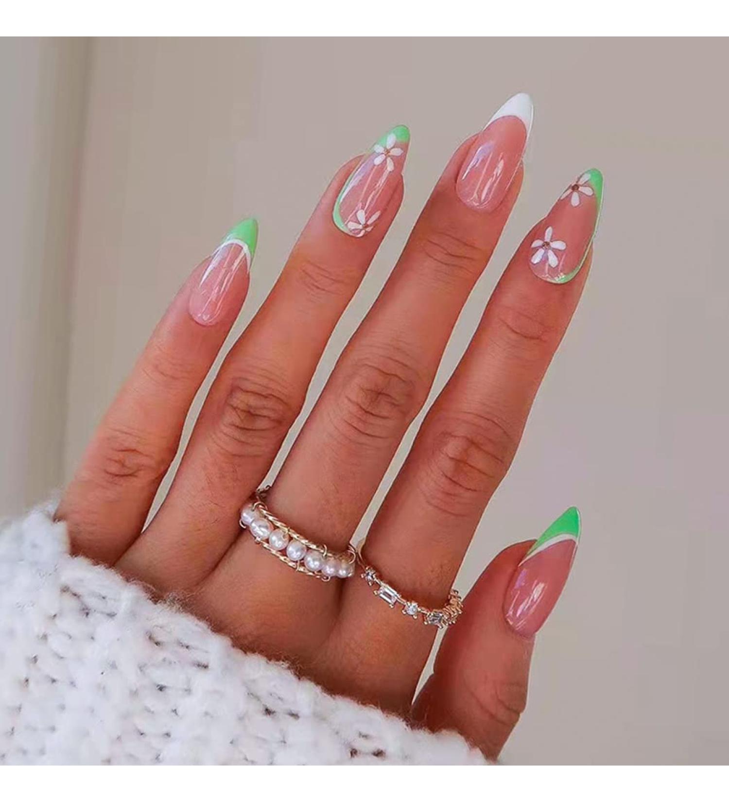 Sethexy Flower Almond French Press-On Nails - 24PC Pink Acrylic False Nails for Women & Girls - Green Flower Design - Buy Online on GoSupps.com