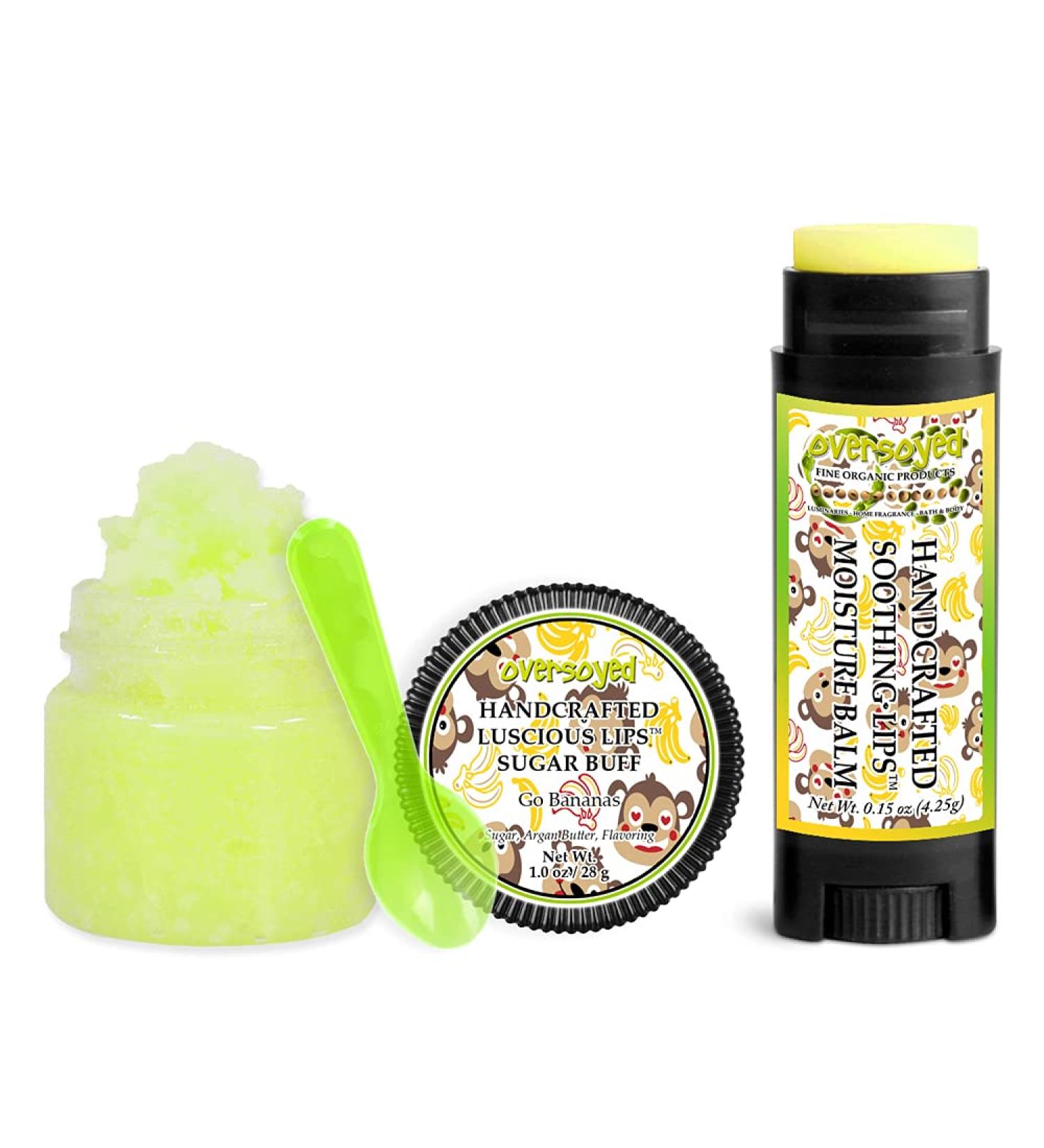 Go Bananas Soothing & Luscious Lips by OverSoyed Exfoliator & Chapped Lip Repair Lip Care Combo | Artisan Handcrafted to Order Banana Candy Creamy Vanilla Flavored Exfoliating Sugar Lip Scrub & Lip Moisturizer Balm Gift Set