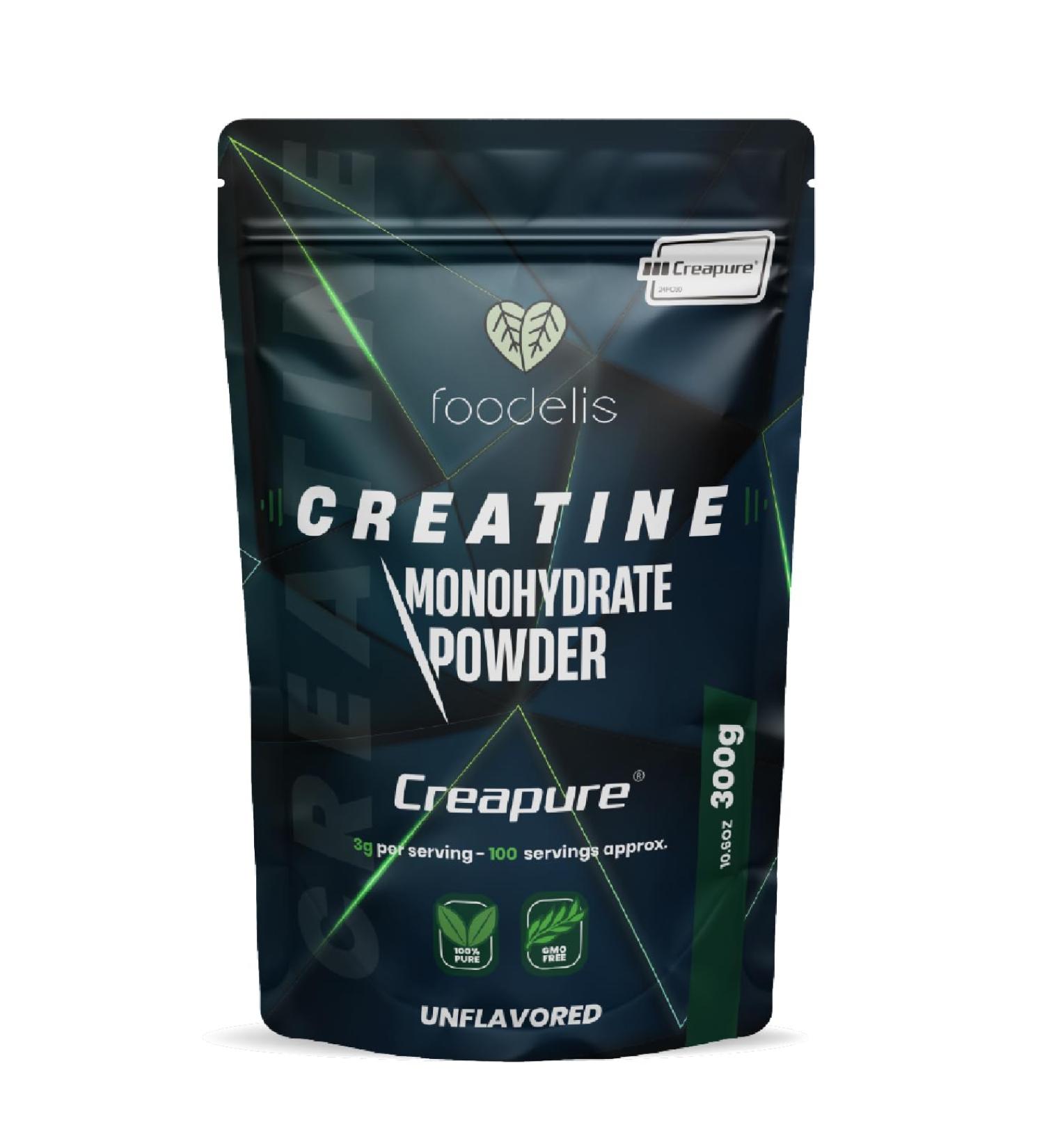 Foodelis Creatine Monohydrate Creapure 300g Powder - 100% Creatine Creapure - Flavorless Non-GMO Pure and No Additives - With Pod Included - High Solubility - Buy Online on GoSupps.com