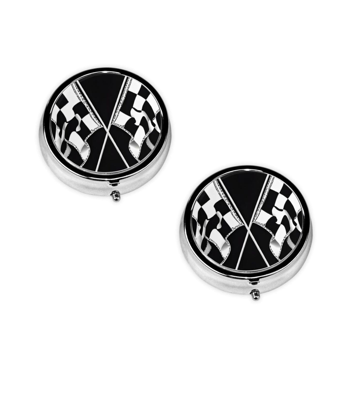 Black & White Checkered Flags Round Pill Box | 3 Compartment Travel Medicine Organizer | Portable Decorative Vitamin Holder - Buy Online on GoSupps.com