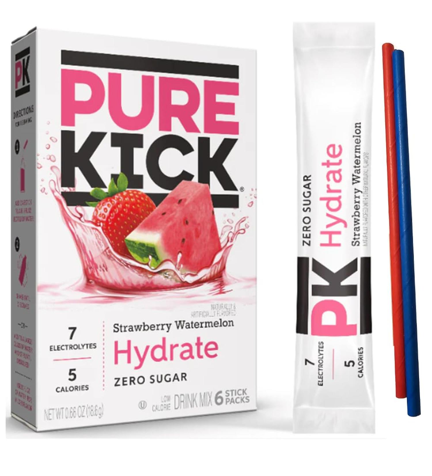 Juicy Keto Sensations: Low Carb Zero Sugar Drink Mix - 1 box of 6 - of Pure Kick Hydrate Strawberry Watermelon Drink Mix -- 6 Single Servings in total - Sugar Free Drink Mix - Comes with 2 Paper Straws and 1 Exclusive PALiSOL CREATiONS Stickers - Buy Online on GoSupps.com