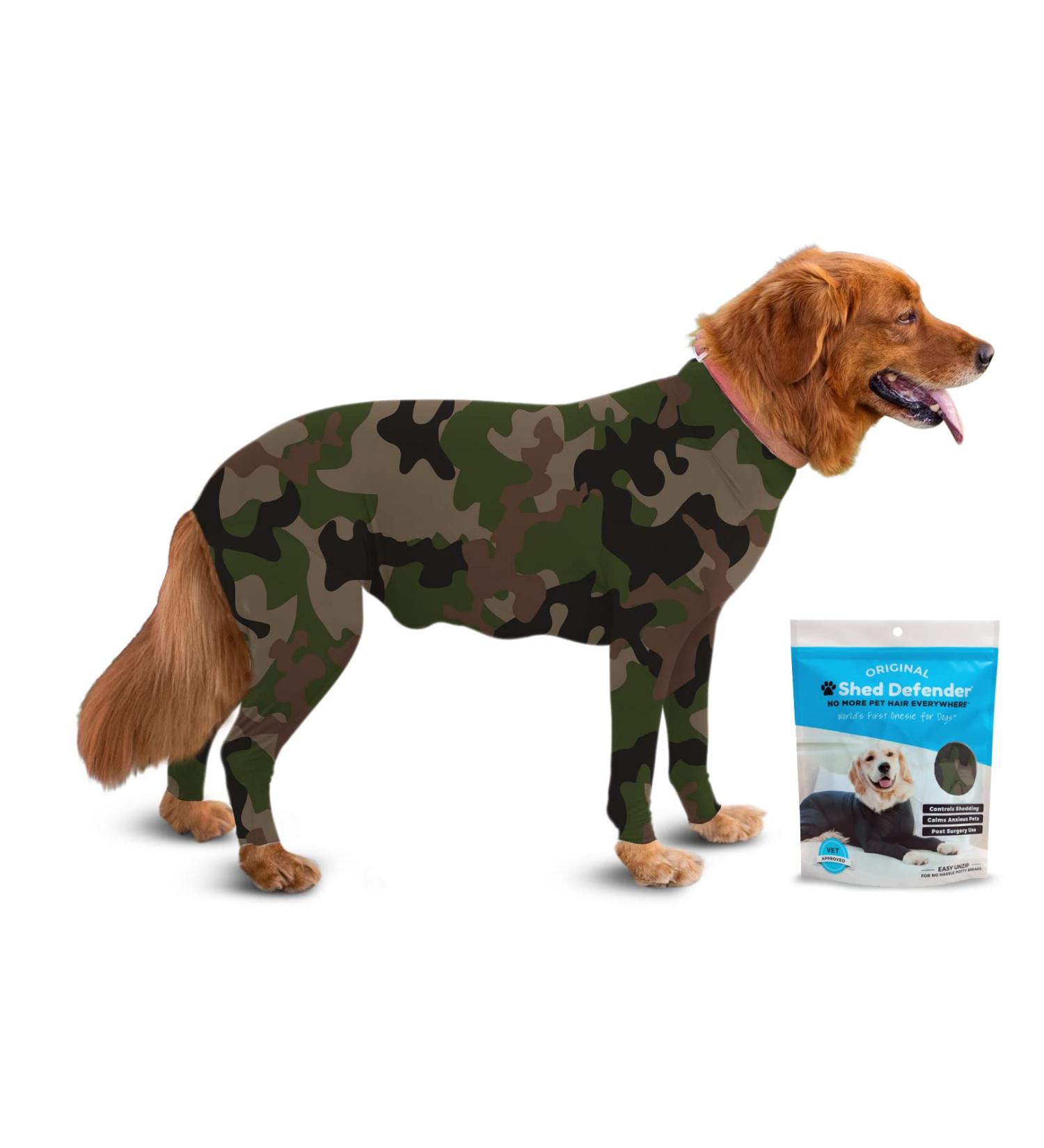 Shed Defender Body Suit for Dogs - Original Anti-Shedding & Calming Jumpsuit | Camouflage XS (5-8 kg) - Dog Recovery E-Collar Car Seat Cover - Buy Online on GoSupps.com