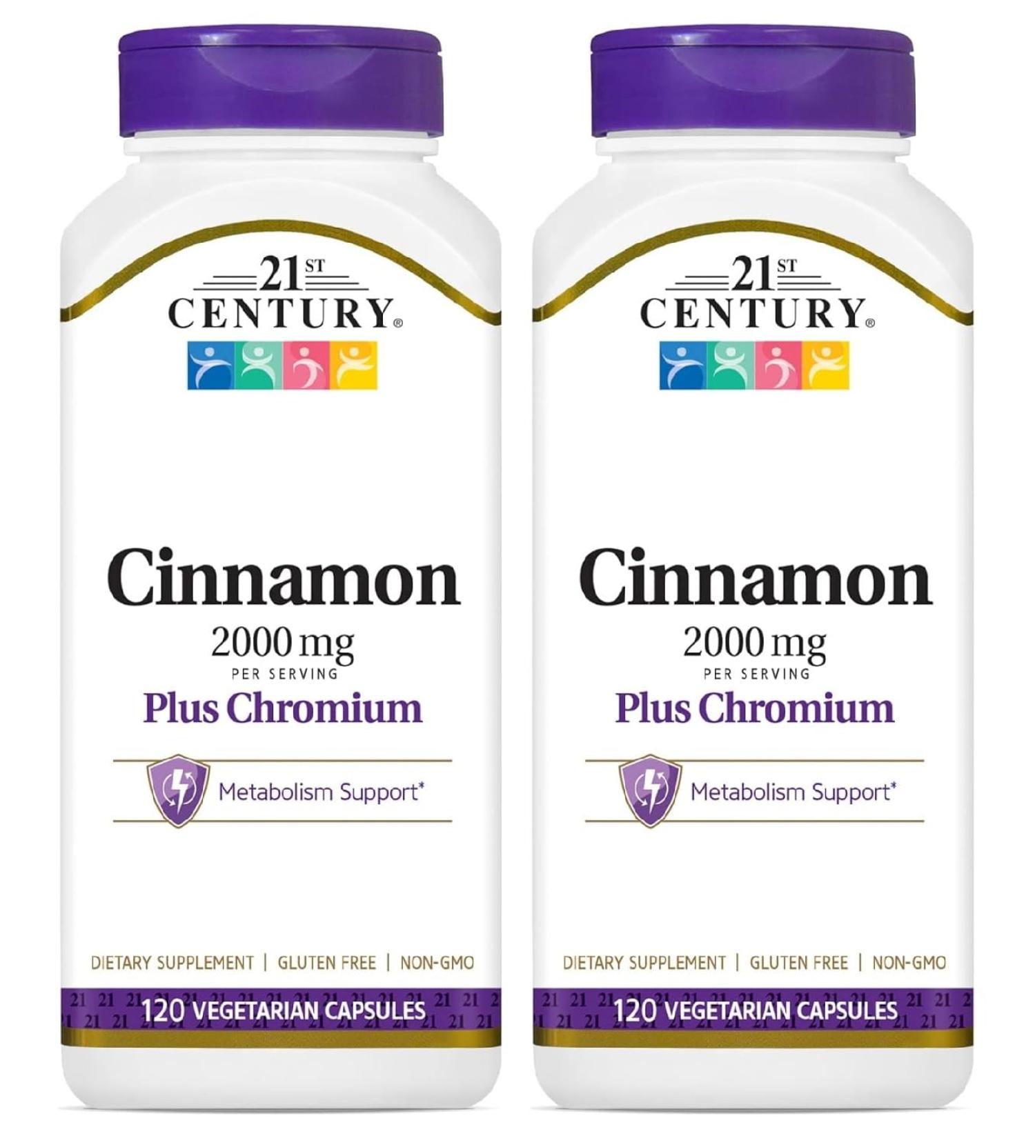 21st Century Cinnamon 2000 mg Per Serving Plus Chromium Vegetarian Capsules 120 Count - Pack of 2 120 Count (Pack of 2) - Buy Online on GoSupps.com
