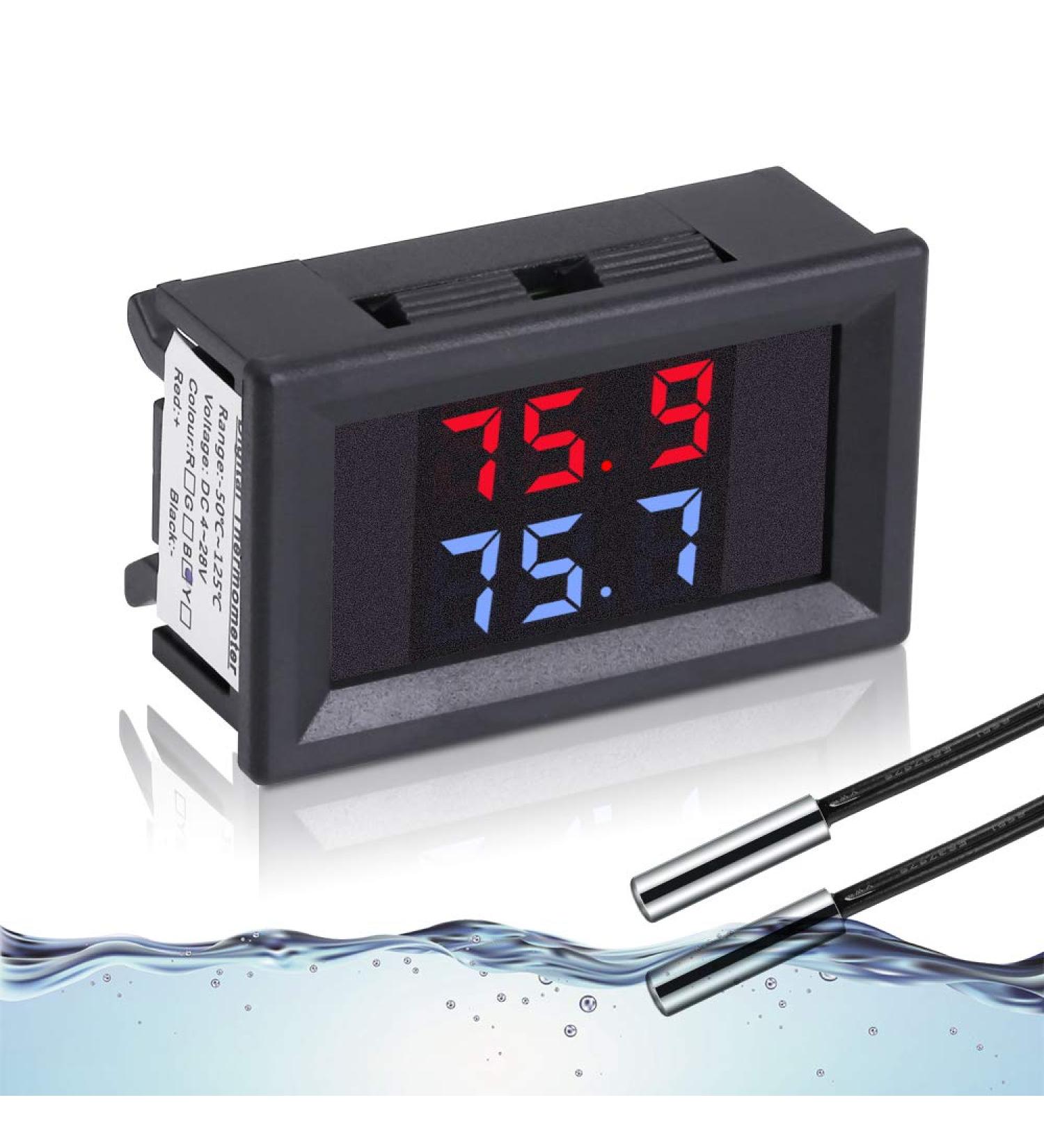 Icstation Digital Thermometer Car Auto Temperature Gauge Sensor DC 4-28V Fahrenheit Dual Display Monitor with 2 NTC Waterproof Probes - Buy Online on GoSupps.com