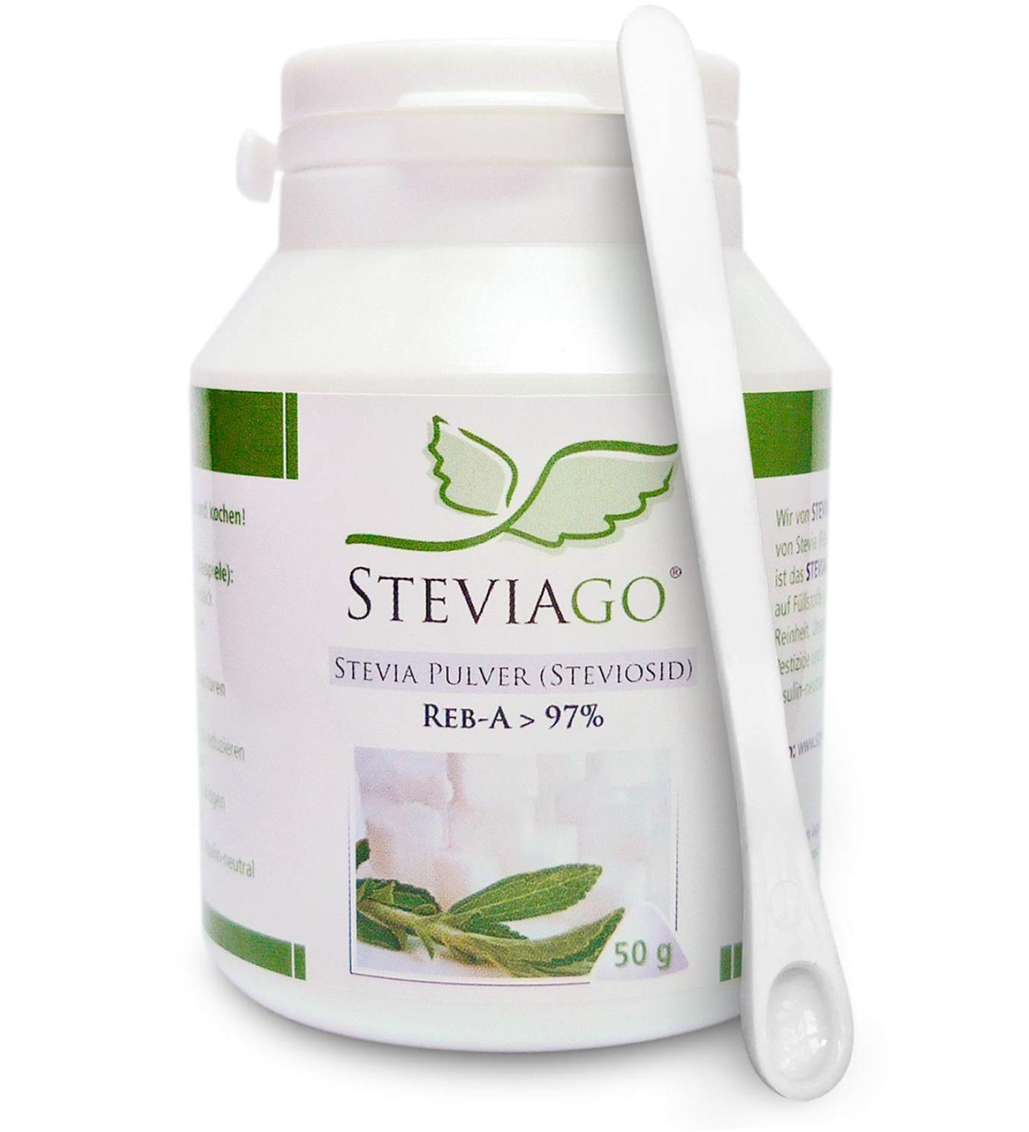 STEVIAGO 100% Pure Stevia Powder Extract - 97% Reb-A 50g with Measuring Spoon | Premium Natural Sweetener for Healthy Living - Buy Online on GoSupps.com