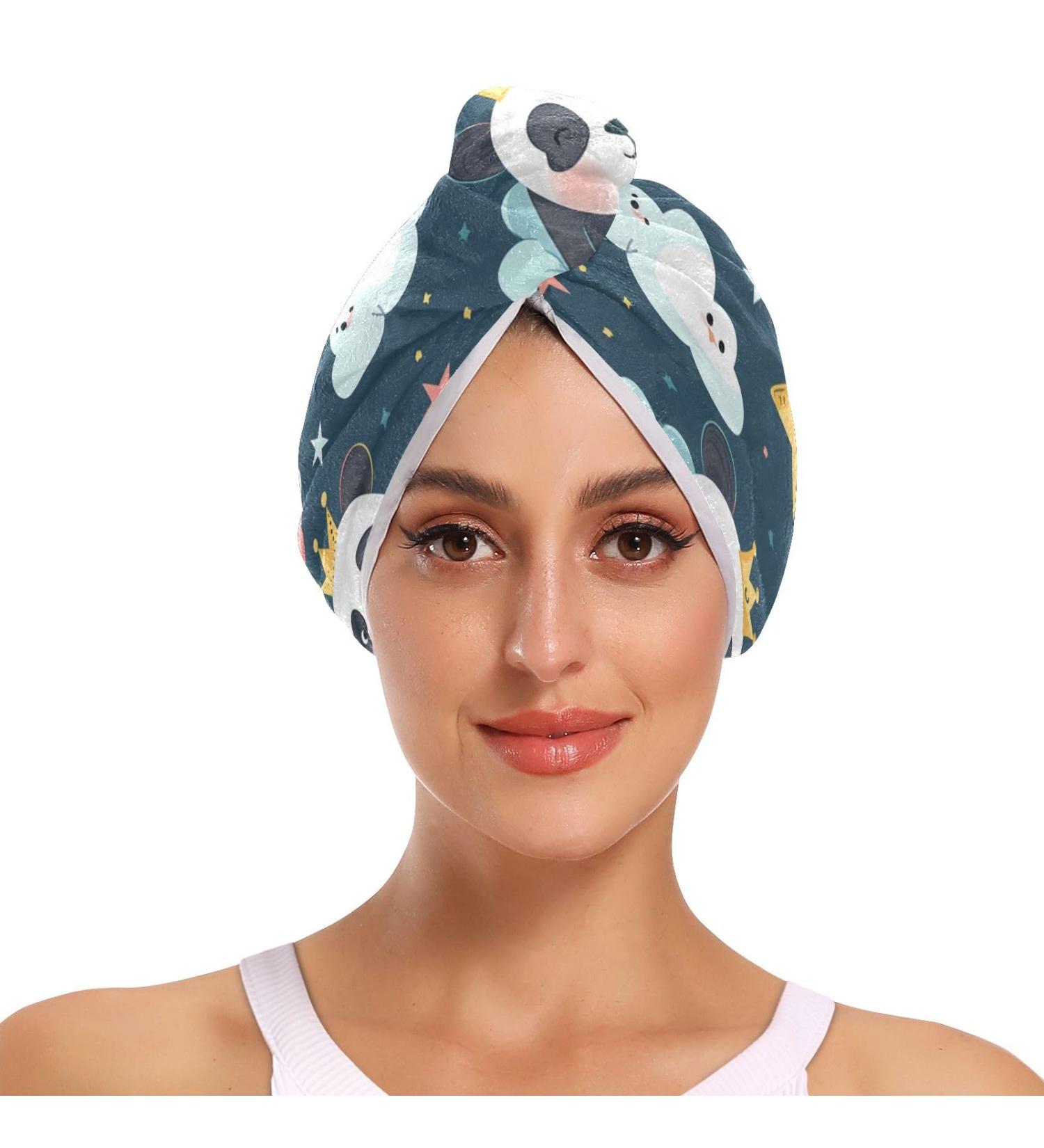 Small Pandas Clouds Stars Hair Towel 2 Pack - Super Absorbent Quick Dry Hair Turbans for Women & Girls - Buy Online on GoSupps.com