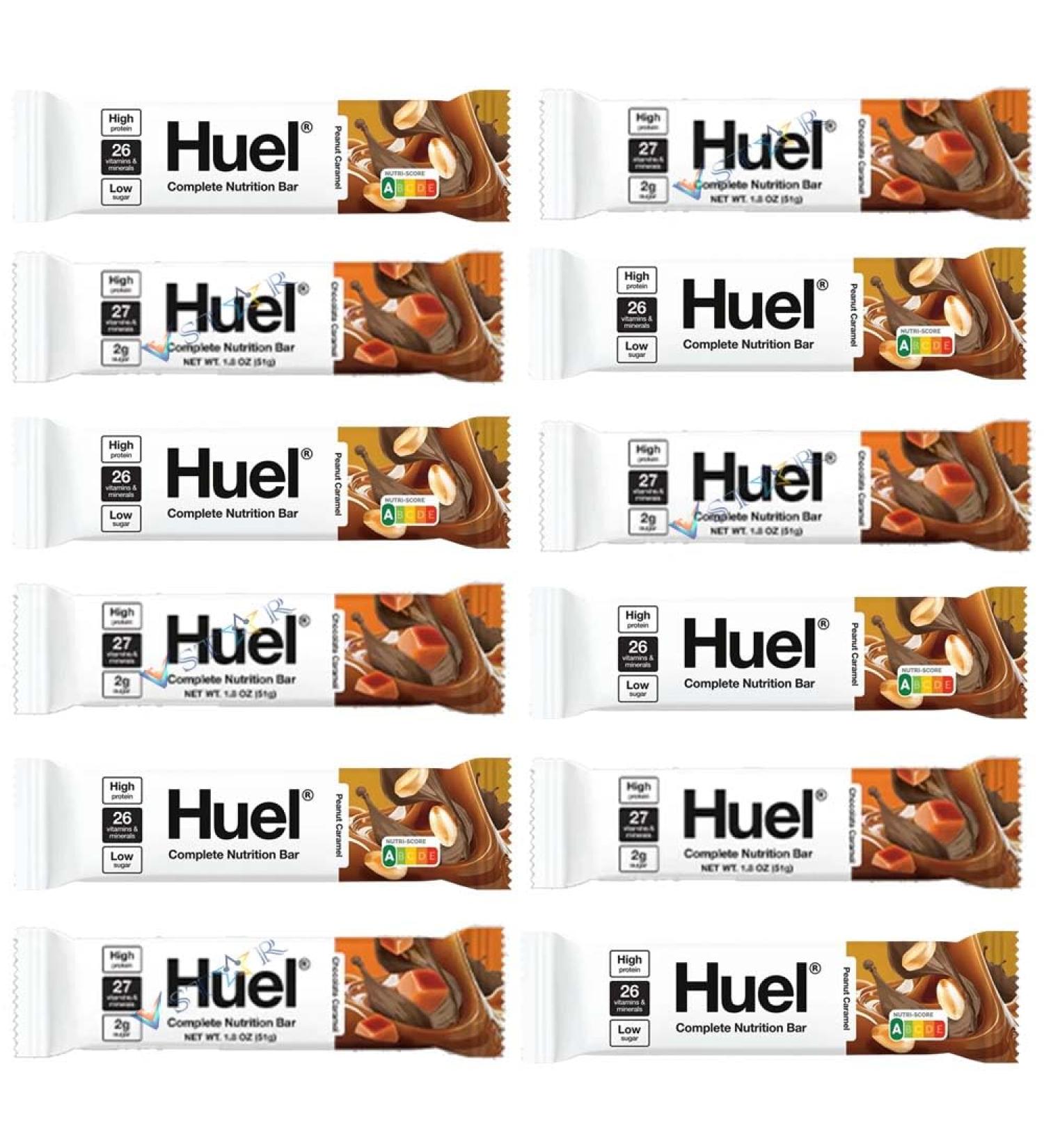 Huel Complete Nutrition Vegan Peanut Caramel & Chocolate Caramel Protein Bars - High Protein Vitamins & Minerals 51g (Pack of 12 Mixed) Mixed Pack of 12