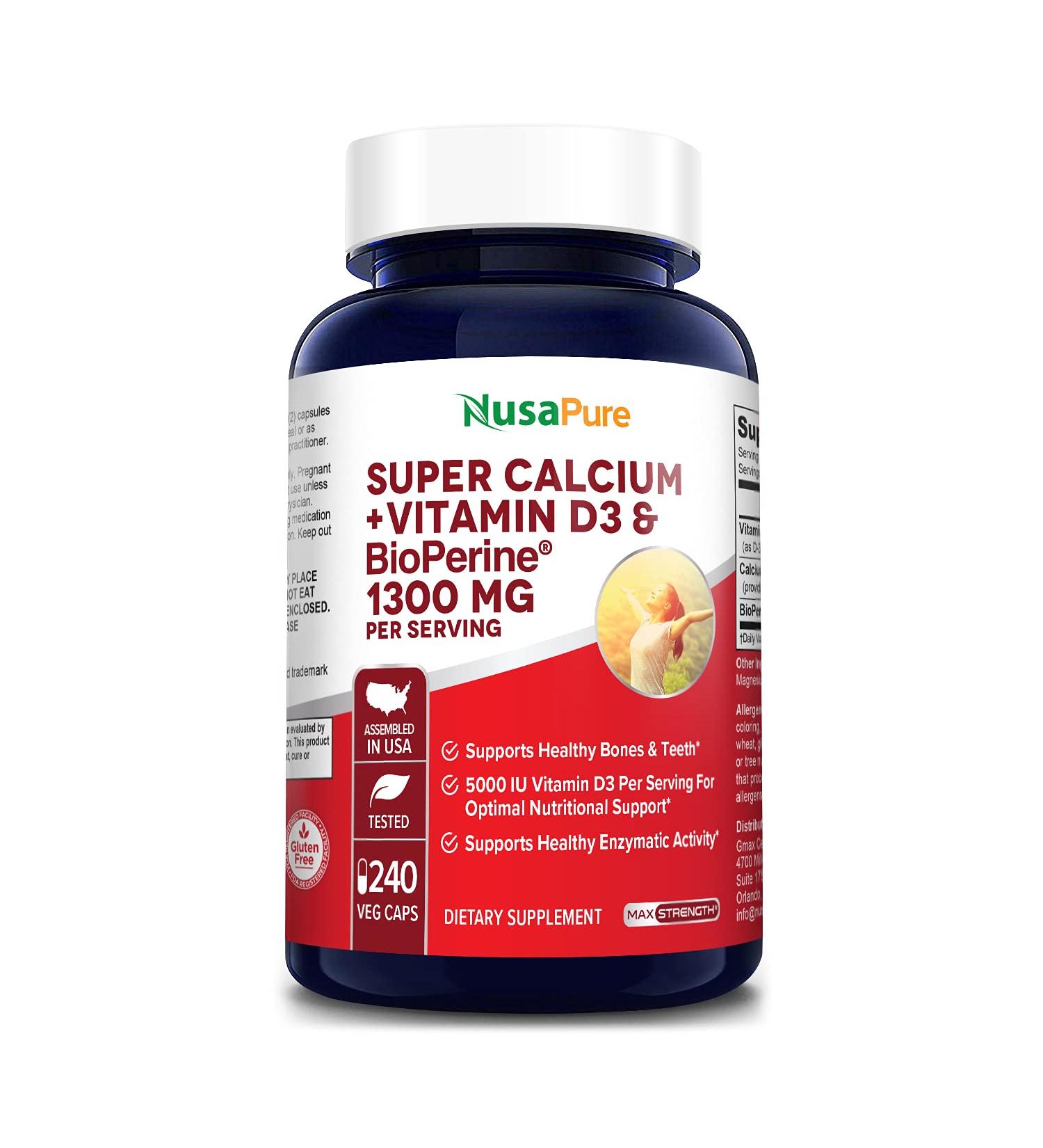 NusaPure Super Calcium 1300mg with Vitamin D3 & Bioperine | 240 Veggie Caps | Non-GMO & Gluten-Free - Buy Online on GoSupps.com