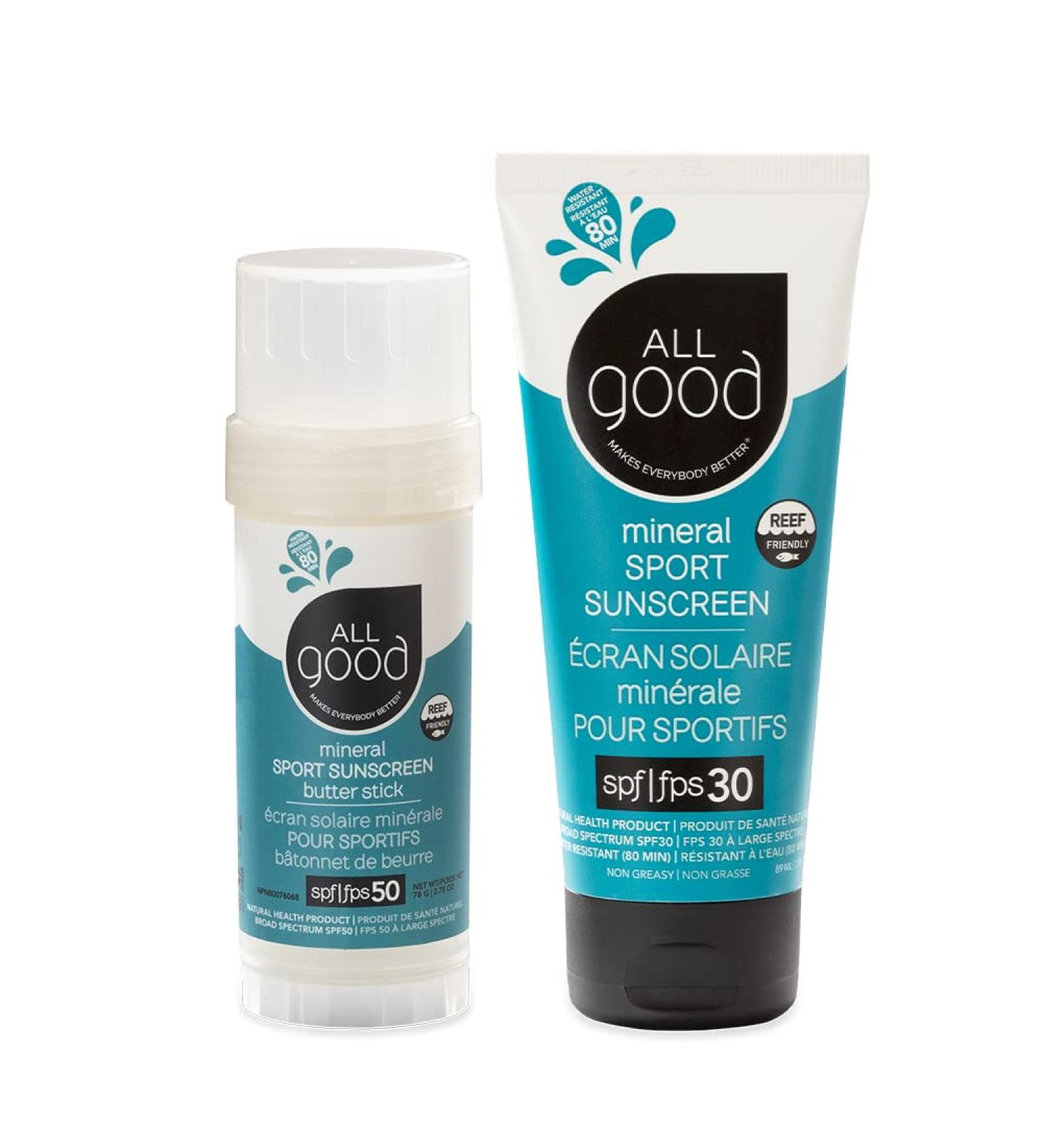All Good Sport Mineral Face & Body Sunscreen - UVA/UVB Broad Spectrum Water Resistant Coral Reef Friendly Gluten-Free - SPF 50 Butter Stick & SPF 30 Lotion - Buy Online on GoSupps.com