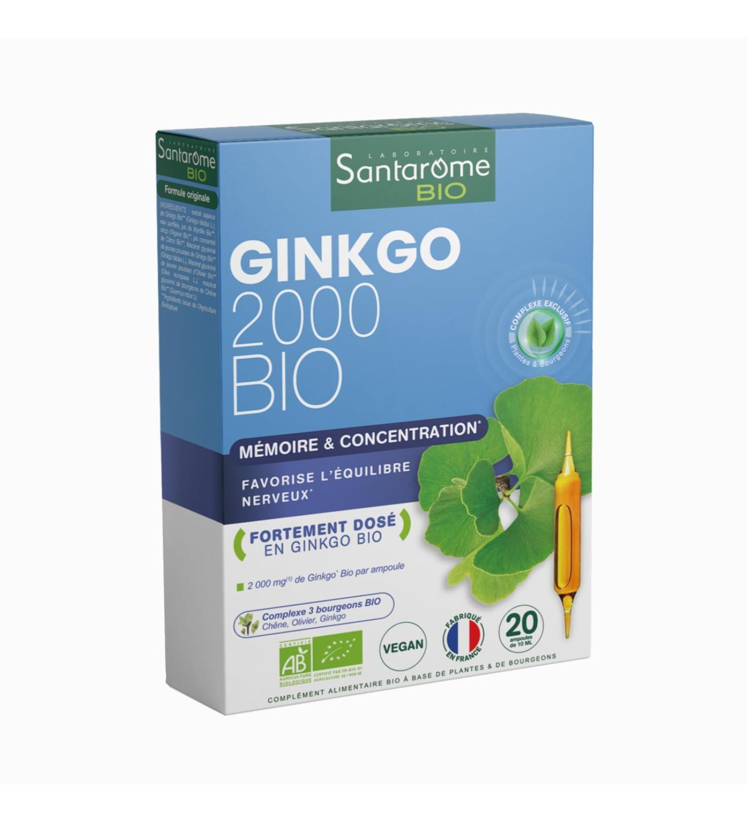 Ginkgo Biloba Bio 2000 - Food Supplement Memory and Concentration - Highly Dosed - Organic Herbal - Ginkgo 2000mg Dry Plant - 20 Phials - Made in France - Vegan Santarome Bio - Buy Online on GoSupps.com