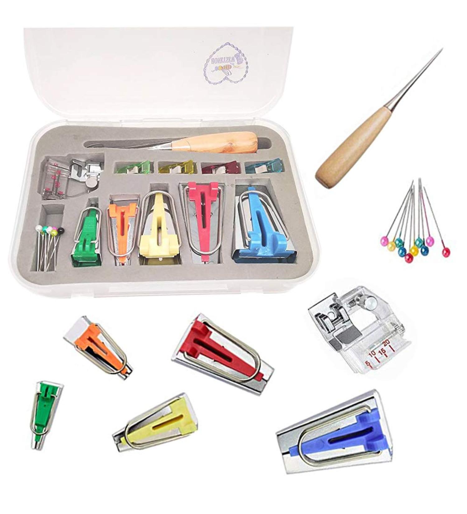 HONEYSEW Bias Tape Maker Kit - 6MM, 9MM, 12MM, 18MM, 25MM Sizes - Includes Binding Foot, Craft Clips, Awl, Quilter's Pin - Buy Online on GoSupps.com