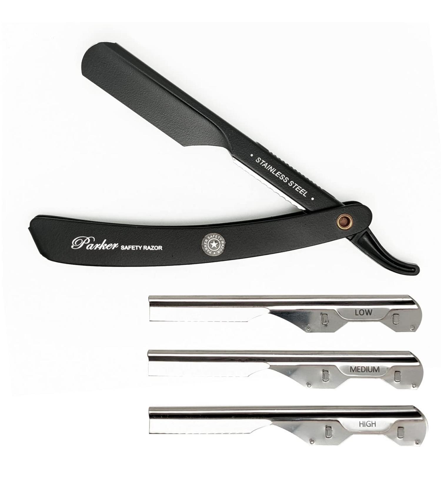 Parker Adjustable Stainless Steel Barber Razor with Black Handle - 3 Blade Inserts for Customized Shave - Includes 5 Parker Razor Blades - Buy Online on GoSupps.com