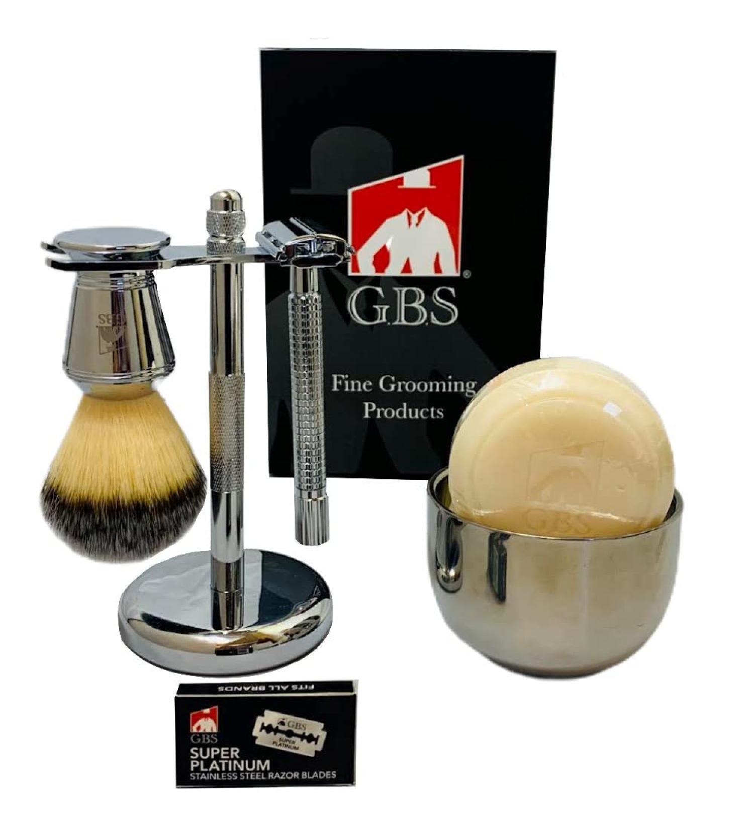 Shop G.B.S Shaving Set - Long Handle Razor Brush Bowl & Natural Soap | Premium Grooming for Men - Buy Online on GoSupps.com