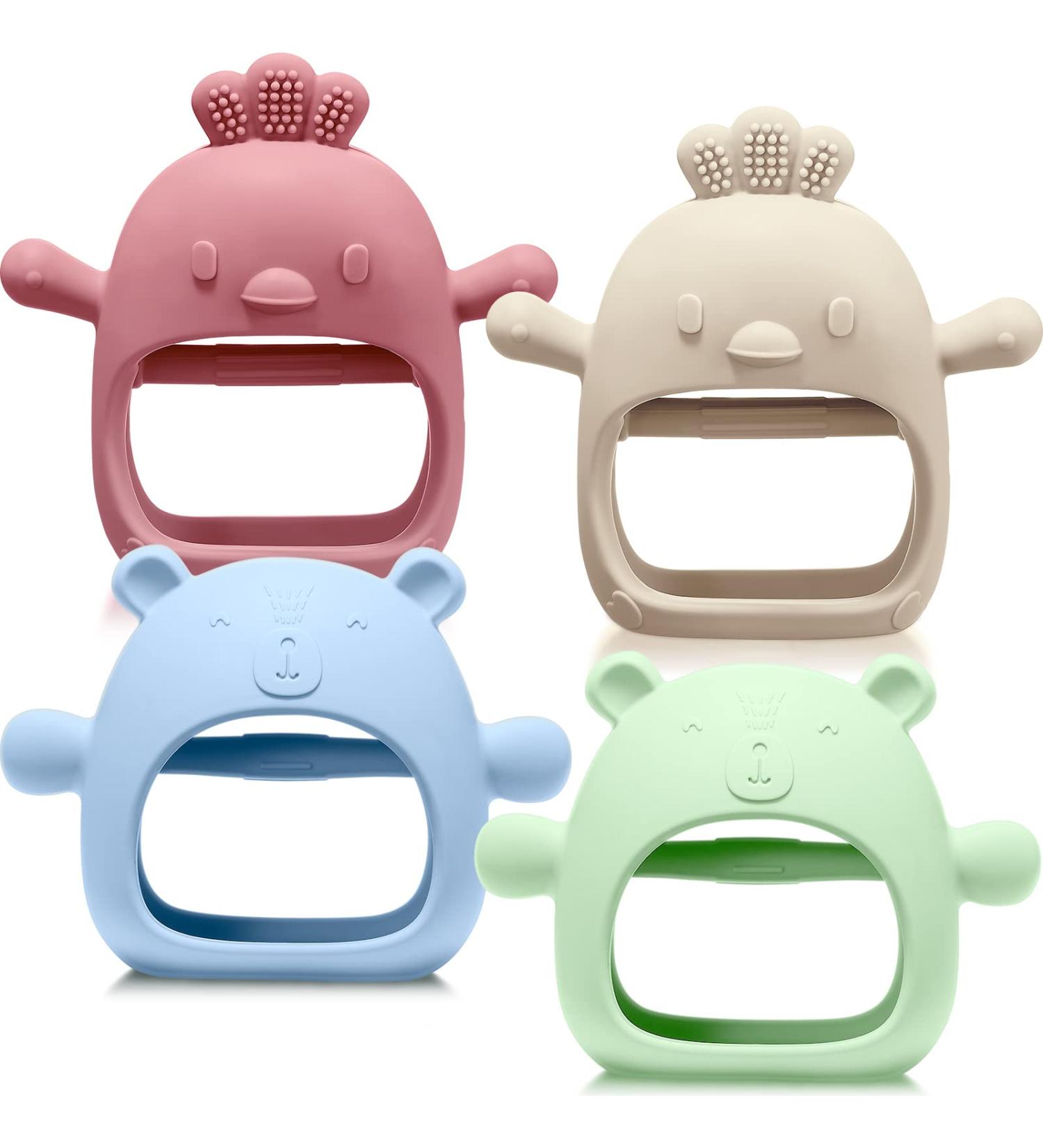 Set of 4 Woanger Baby Teething Toys in Blue, Dark Green, Yellow, and Maroon | Silicone Bear Hand Teethers for Babies over 3 Months | Anti-Dropping Wrist Mitten for Sucking Needs - Buy Online on GoSupps.com