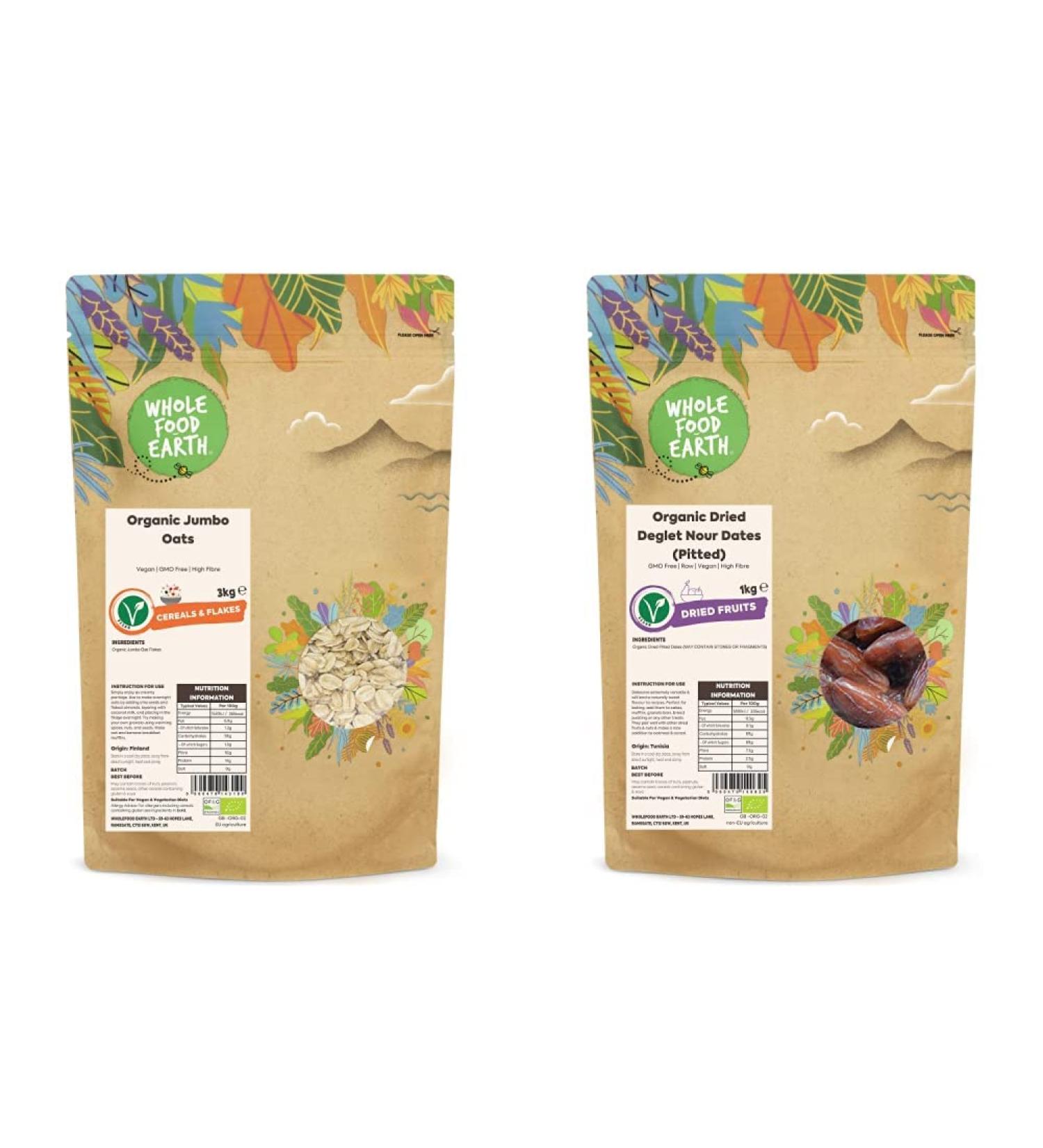 Wholefood Earth Organic Jumbo Oats 3 kg | Vegan | High Fibre | Certified Organic & Organic Dried Deglet Nour Dates (Pitted) 1 kg | GMO Free | Raw | Vegan | High Fibre | Certified Organic + Deglet Nour Dates - Buy Online on GoSupps.com