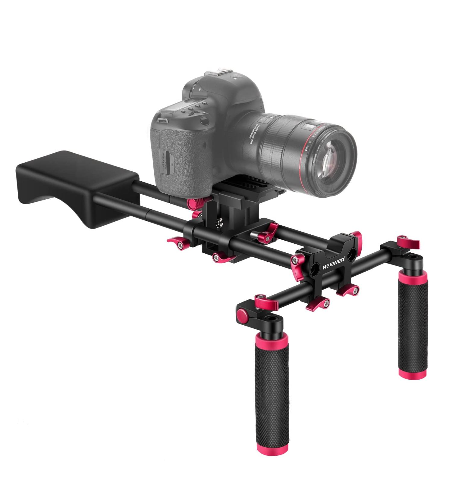Neewer Camera Shoulder Rig Film Making Kit for DSLR & Camcorder | Soft Rubber Shoulder Pad, Dual Hand Grips | Canon/Nikon/Sony Compatible | Red + Black - Buy Online on GoSupps.com