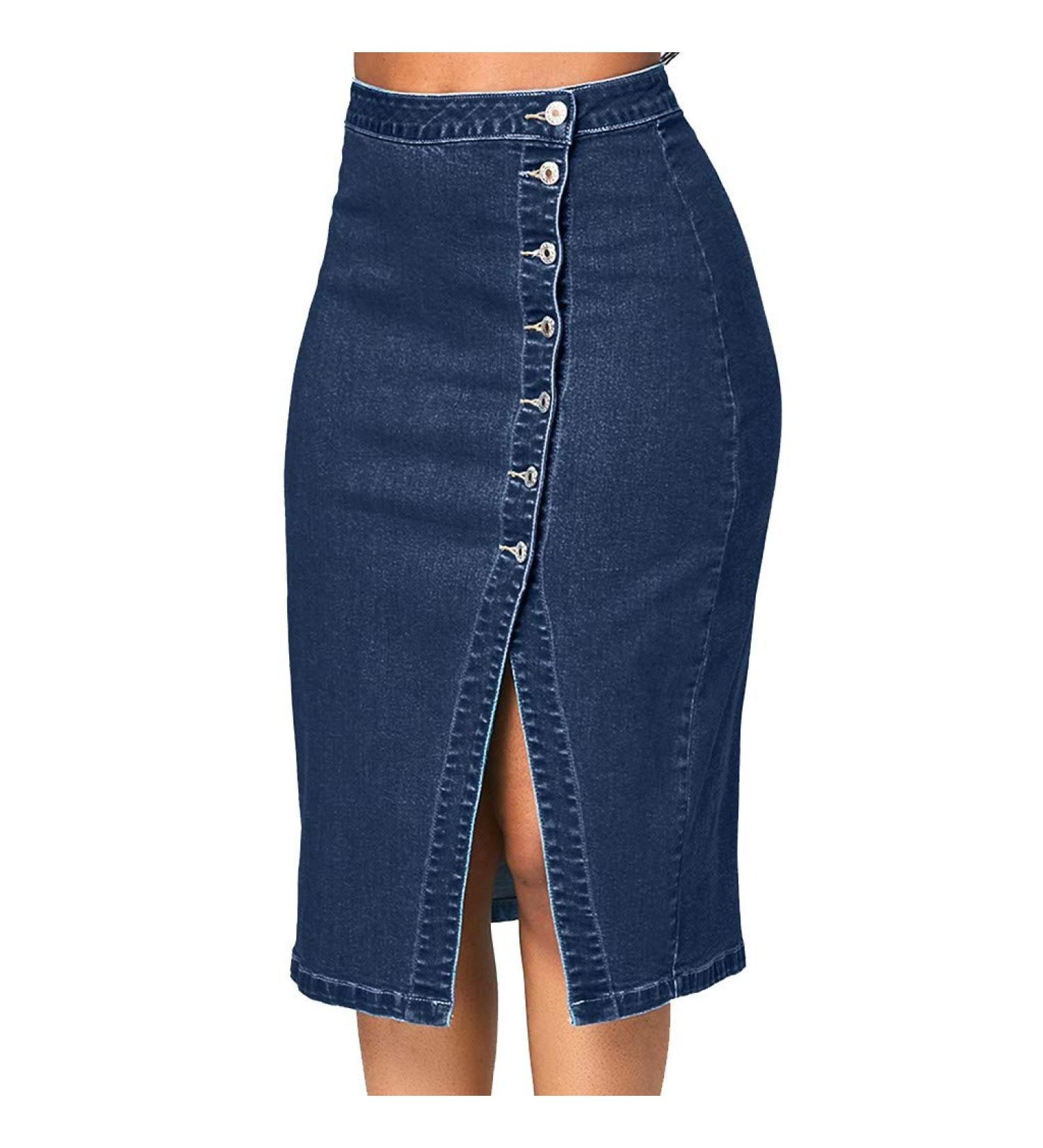 Sanahy Women's High Waist Button Front Fishtail Denim Maxi Skirt - XL Blue | Plus Size Knee Length Casual Jean Skirt - Buy Online on GoSupps.com