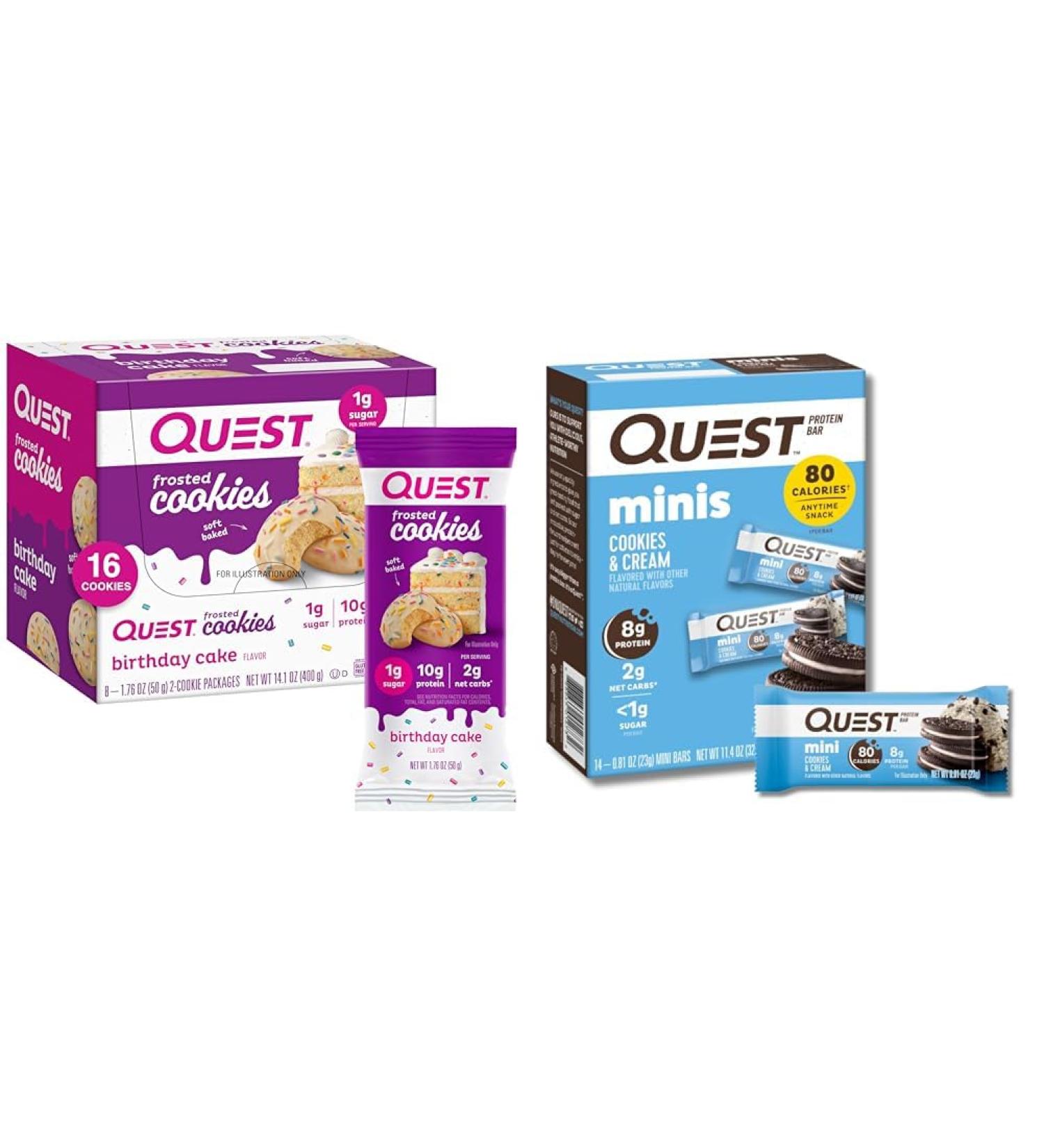 Quest Birthday Cake Frosted Cookies Twin Pack 16 Cookies and Quest Mini Cookies & Cream Protein Bars 14 Count - Buy Online on GoSupps.com