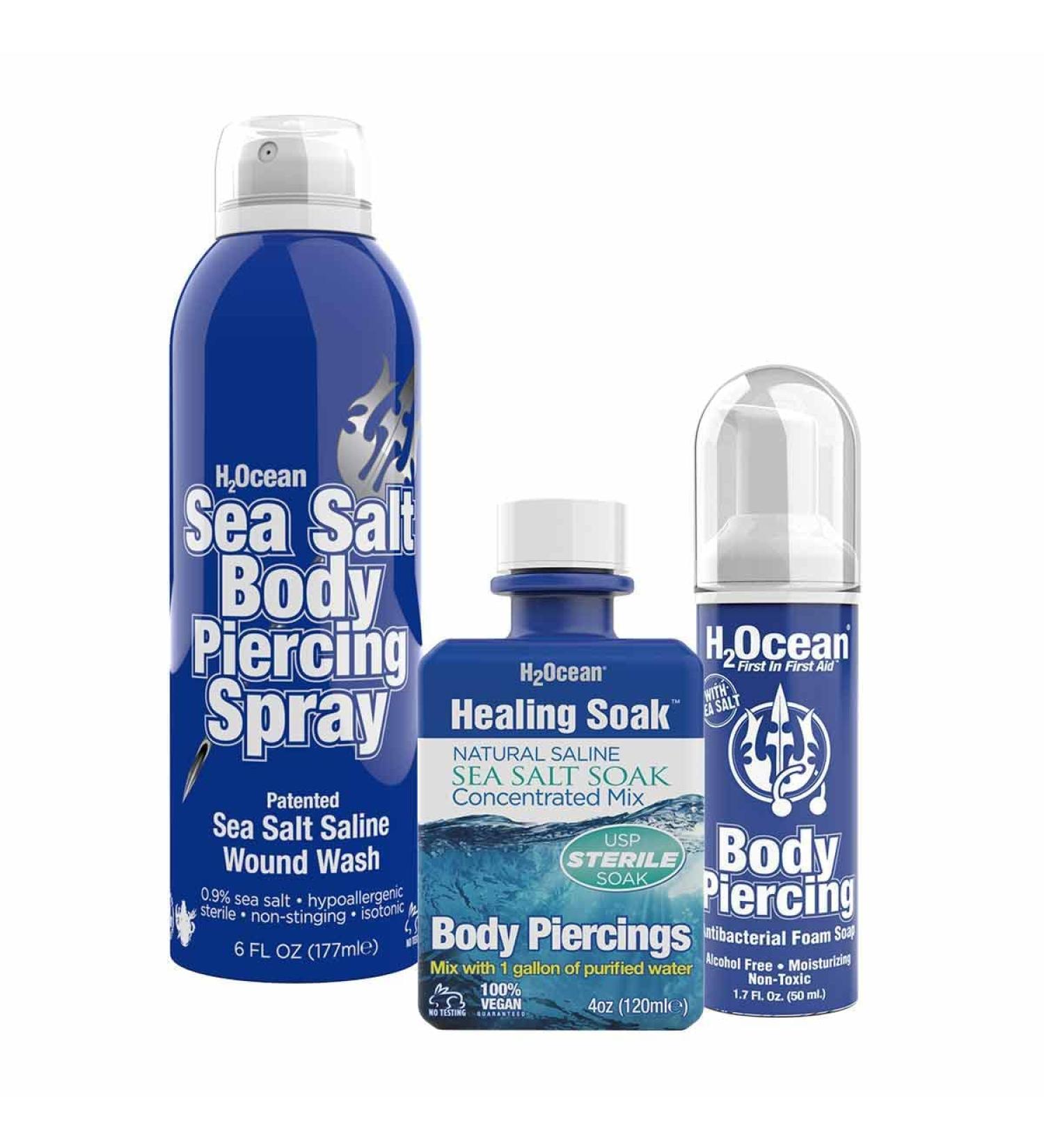 H2Ocean Complete Sea Salt Saline Vegan Body Piercing Healing and Cleansing Kit for Ear, Nose, Bellybutton, and All Body Piercings