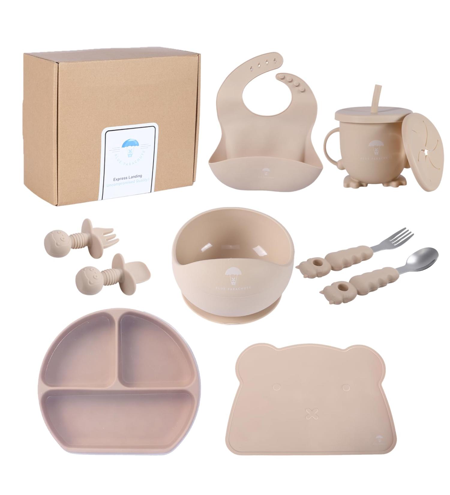 Baby Feeding Silicone Set | Weaning Kit with Suction Plate, Bowl, Bib & Utensils | Non-Slip BPA-Free Dishware | Easy to Clean | Beige - Buy Online on GoSupps.com