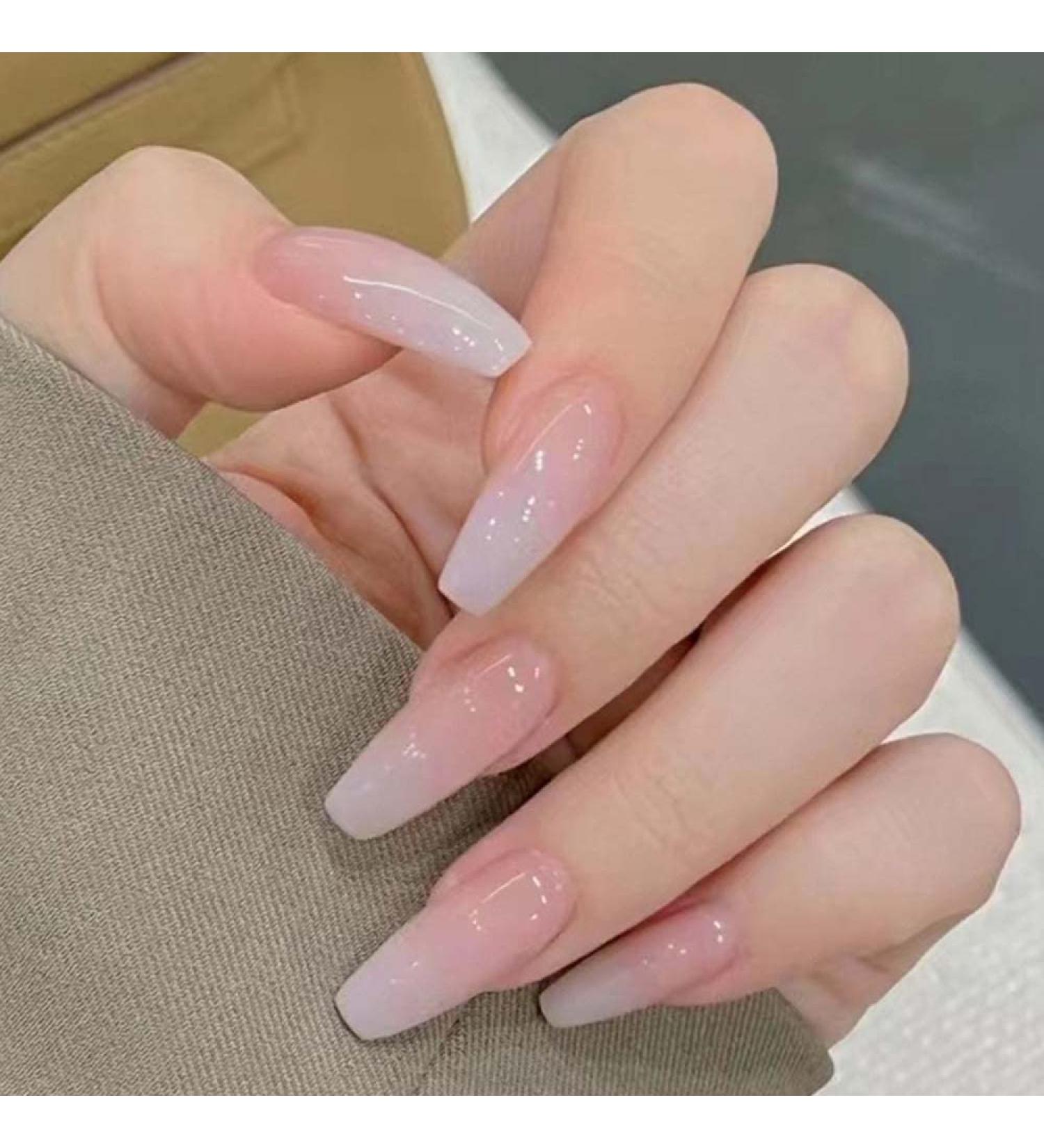 Ombre Press on Coffin Nails - Milky White Pink Design | 24 Pcs Glue on Acrylic Full Cover Gel Nails for Women - Perfect for Wedding & Birthday - Buy Online on GoSupps.com
