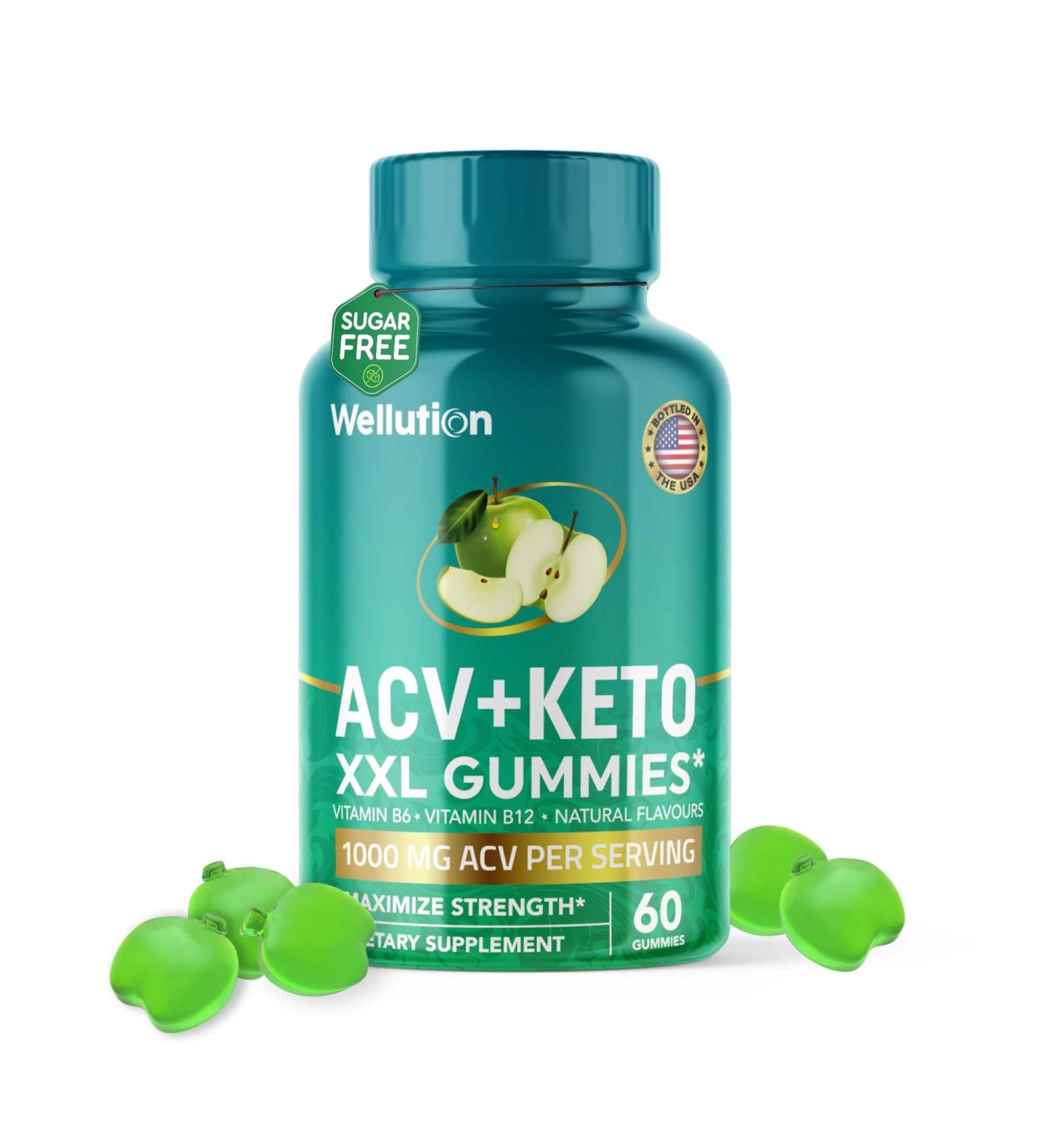 WELLUTION XXL Keto ACV Gummies | 1 000 mg Sugar-Free 60 Count | Digestive Aid Detox Metabolism Booster & Weight Loss Support | Delicious Apple Flavor - Buy Online on GoSupps.com