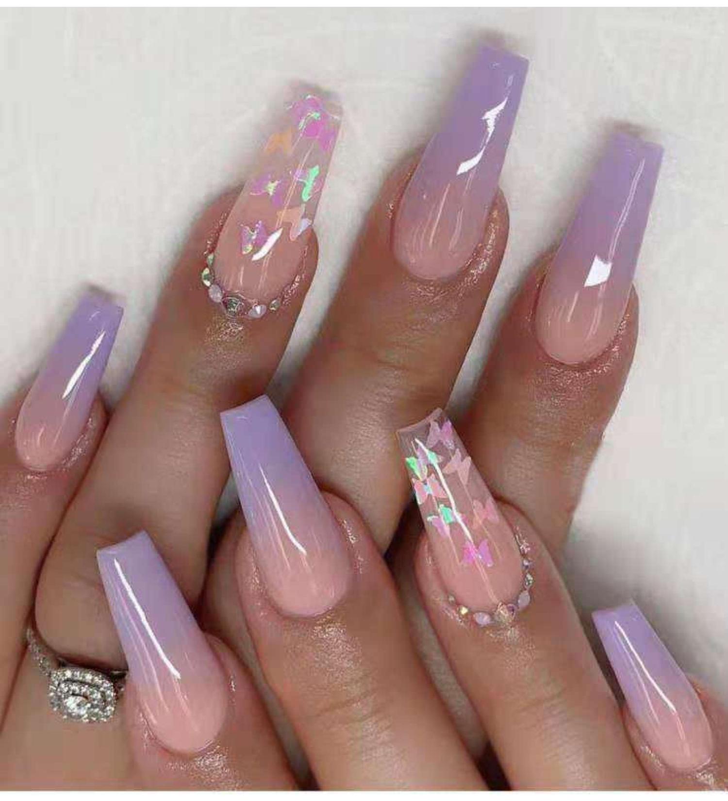 24Pcs Long Pointed Coffin Full Cover Artificial Fake Nails Smudged Glitter Pink Wearing Reusable False Nails Press On Nail Art New NAILS-CBLCY-02