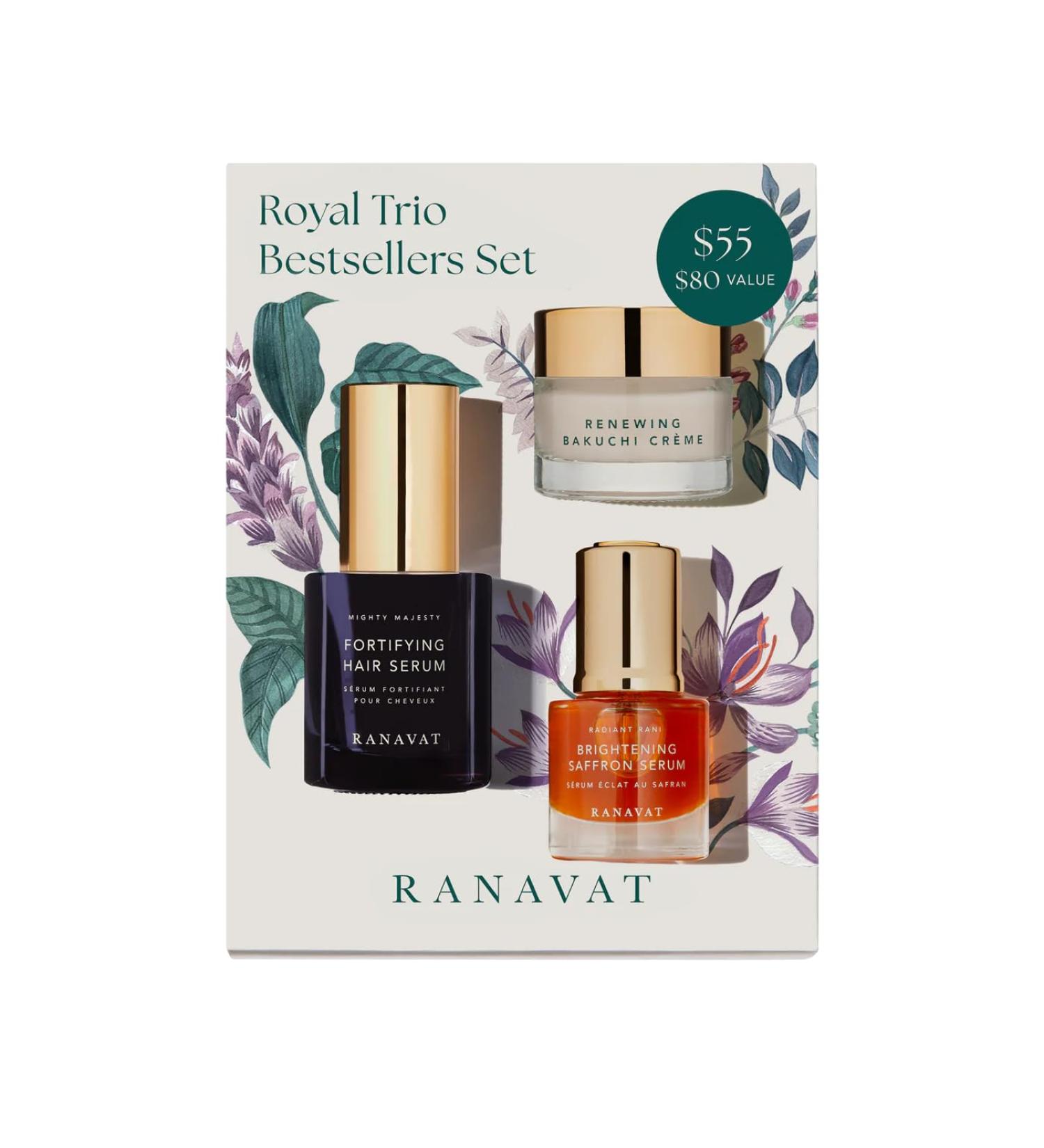 RANAVAT Royal Trio Travel Size Gift Set - Set Includes Brightening Saffron Face Serum, Renewing Bakuchi Face Cream & Fortifying Hair Serum - Clinically Tested Vegan Skincare & Haircare (3 Count) - Buy Online on GoSupps.com