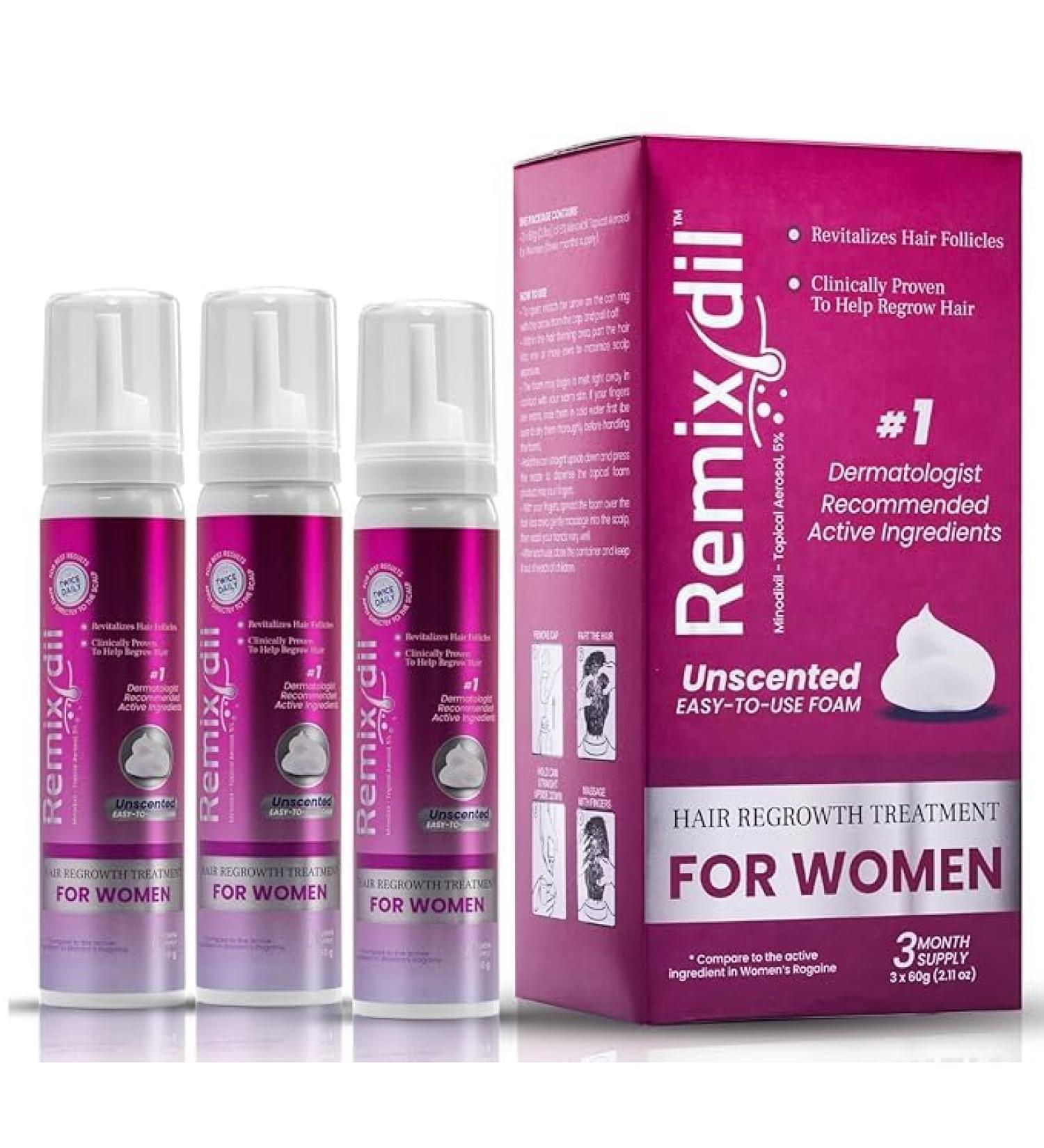 Remixidil Women s 5% Minoxidil Foam | Hair Regrowth Treatment for Women | Clinically Proven Formula for Hair Loss and Hair Growth | No Scalp Irritation| 3-Month Supply