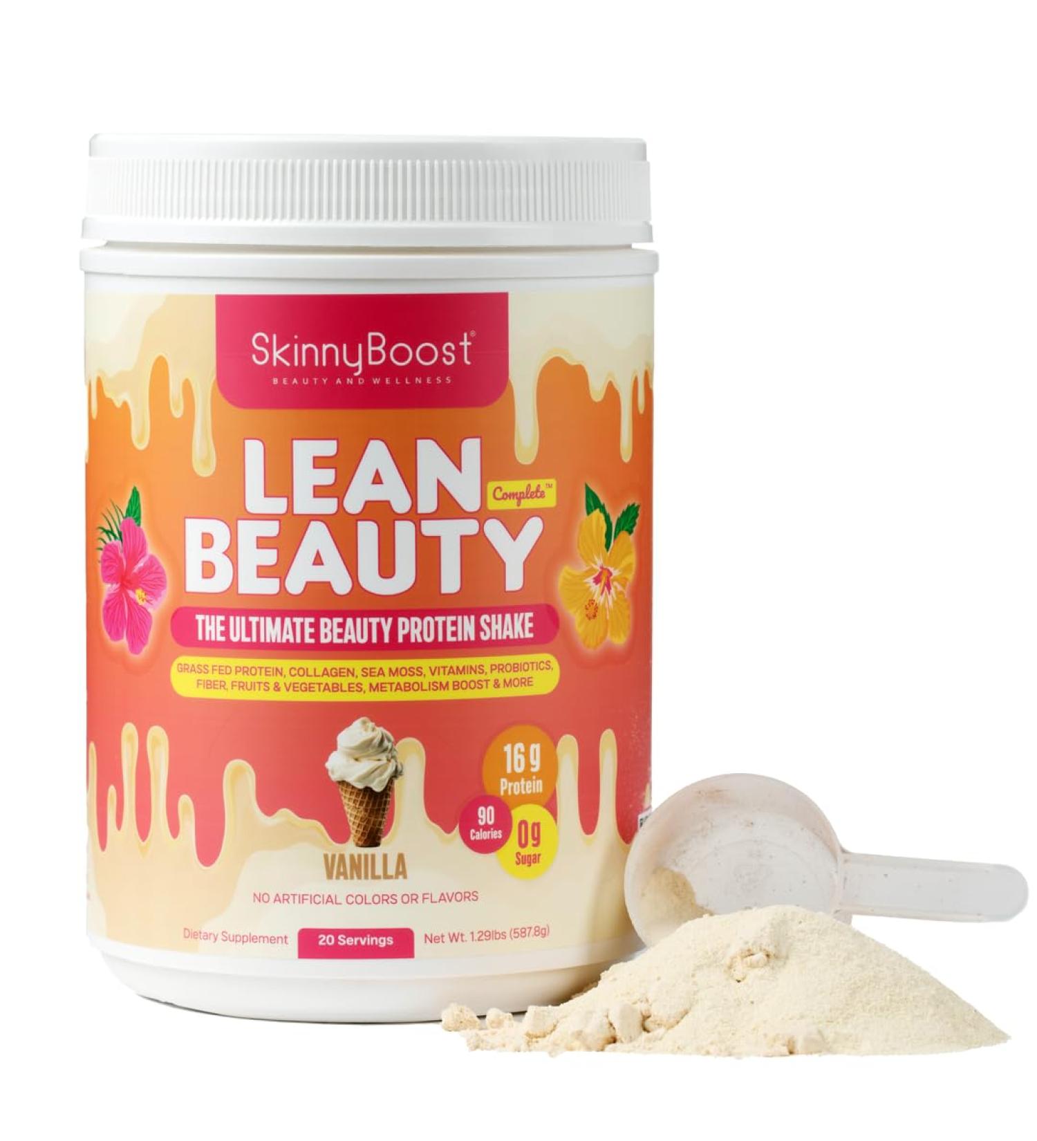Lean Beauty Collagen Protein Shake Vanilla | Meal Replacement Powder with Grass-Fed Whey Hydrolyzed Collagen Vitamins Fiber & Beauty Nutrients | Supports Hair Skin & Nails | Sugar-Free All-Natural 20 Servings - Buy Online on GoSupps.com