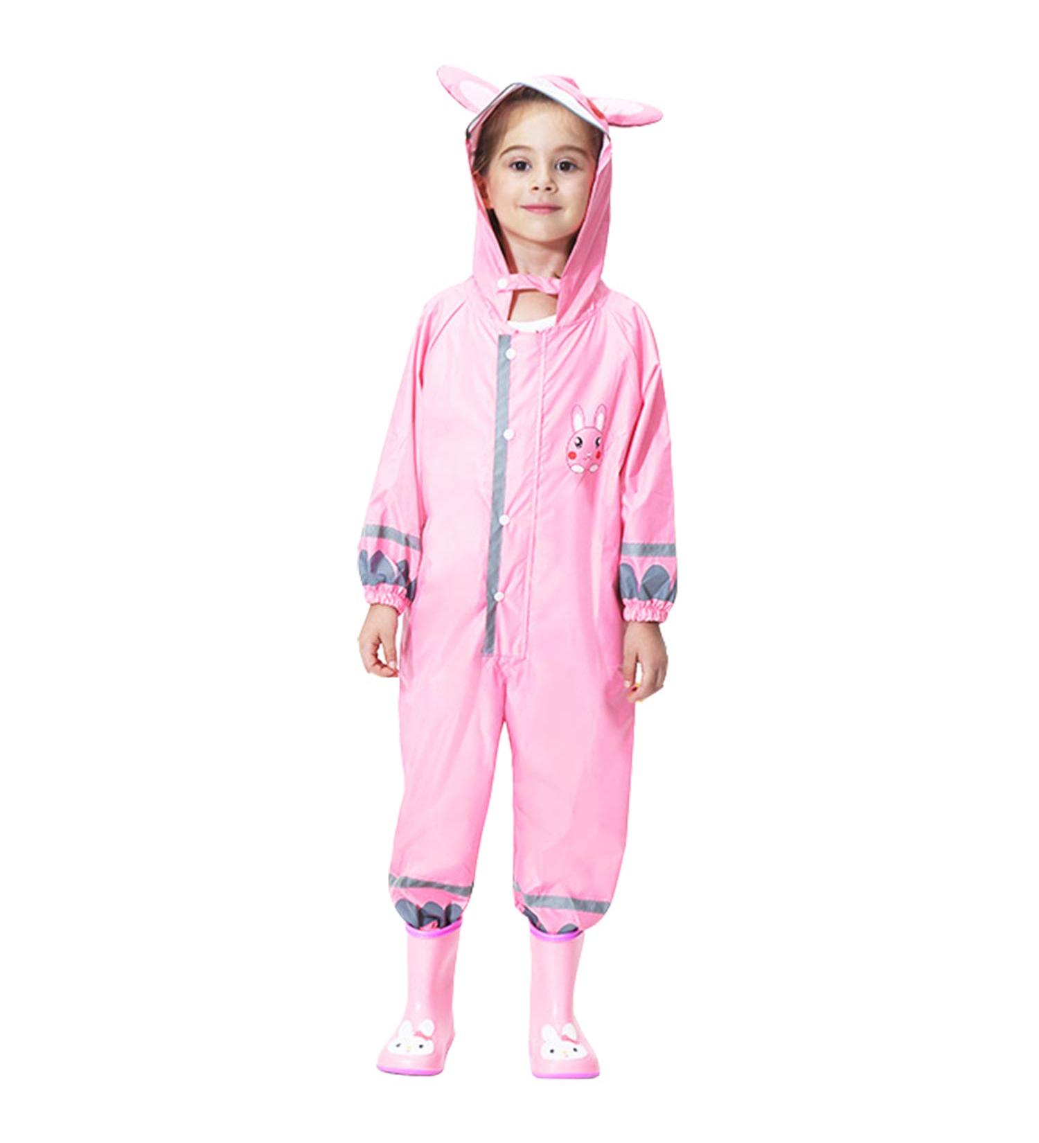 Kids Button Rain Suit | Waterproof Hooded Raincoat Jumpsuit 7-9Y | Pink Rabbit - Buy Online on GoSupps.com