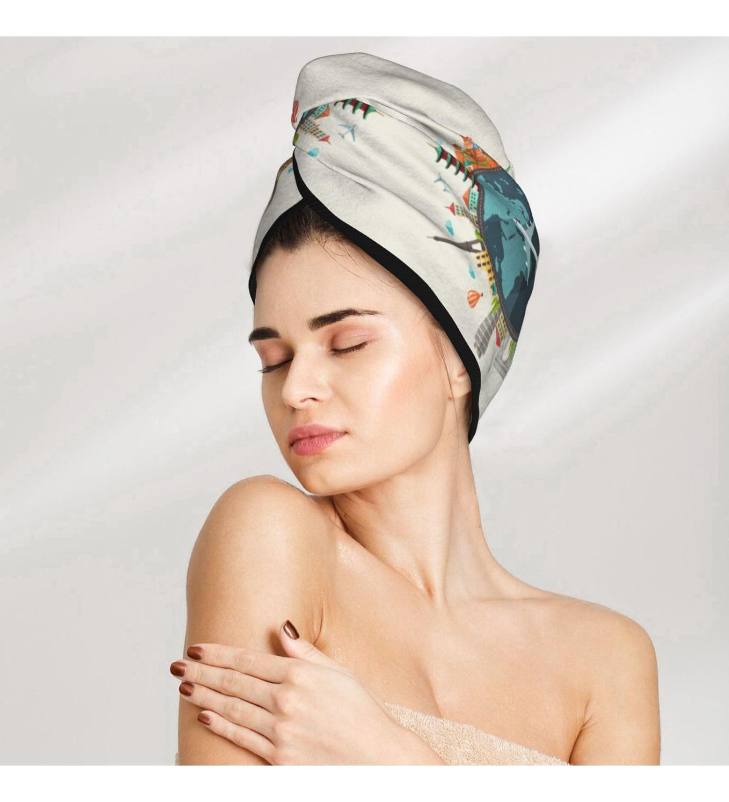 Travel Around The World Microfiber Hair Towel | Super Absorbent Quick Dry Hair Turban for Curly Long Thick Hair - Perfect Hair Towel Wrap for Women Girls & Kids - Buy Online on GoSupps.com