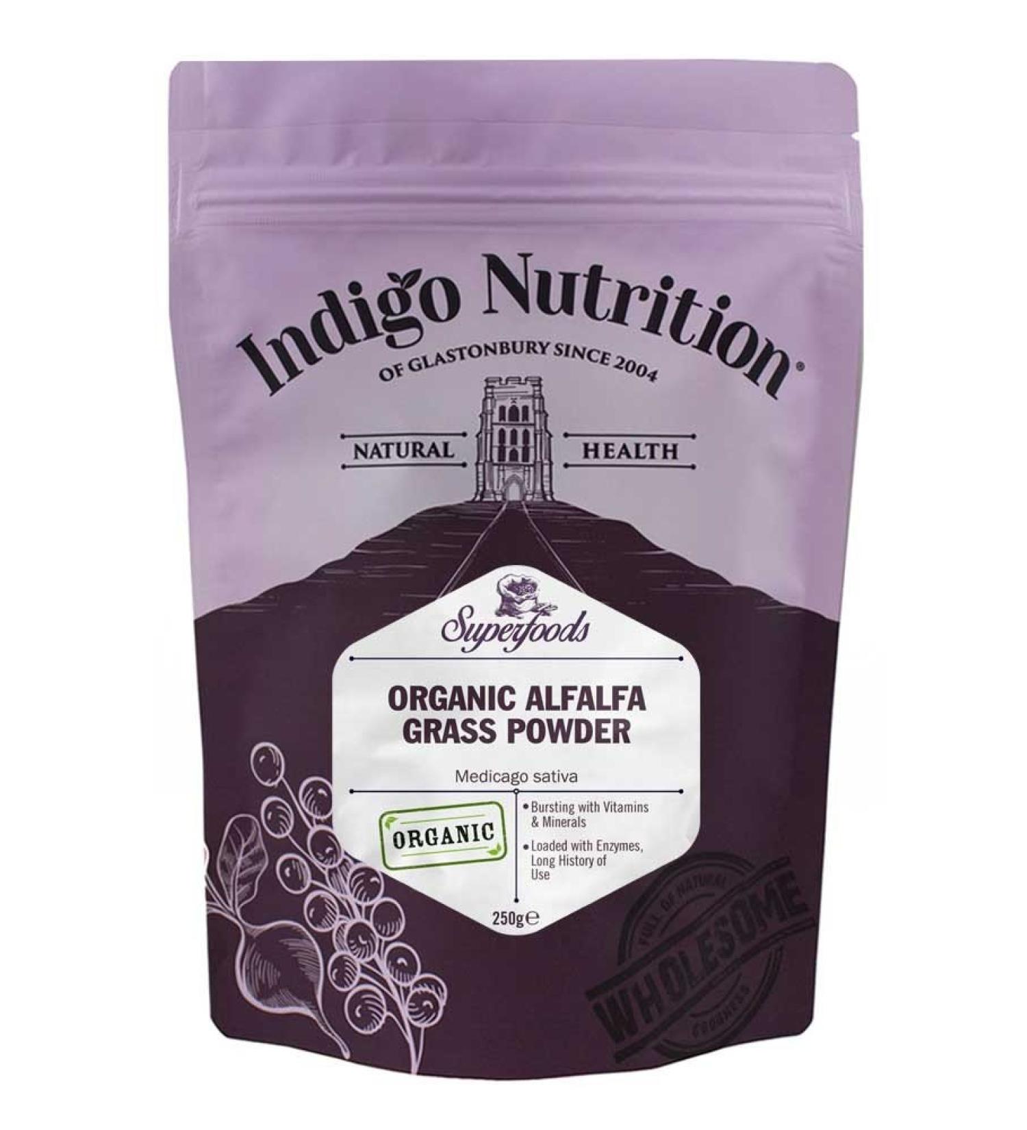 Indigo Herbs Organic Alfalfa Leaf Powder 250g - Premium Quality Superfood Supplement - Buy Online on GoSupps.com