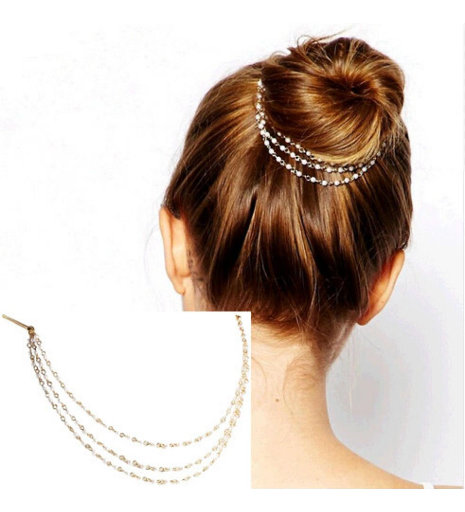 AKOAK Punk Hair Cuff Pin Clip 2 Combs Multilayer Tassels Artificial Pearl Chains Decorate Hair Clip Headwear Edge Clips Boho Meatball Head Accessories