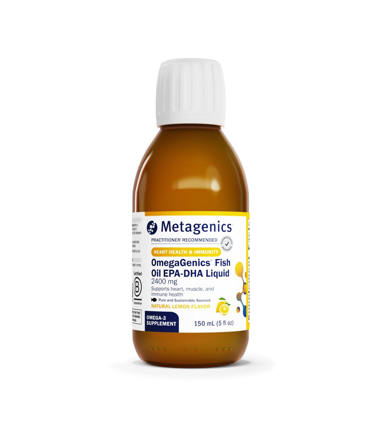 Metagenics OmegaGenics EPA-DHA 2400 mg - High Potency Liquid Fish Oil Supplement for Heart Health & Immune Support* - Sustainably Sourced - Lemon Flavor - Non-GMO & Gluten-Free - 30 Servings - Buy Online on GoSupps.com