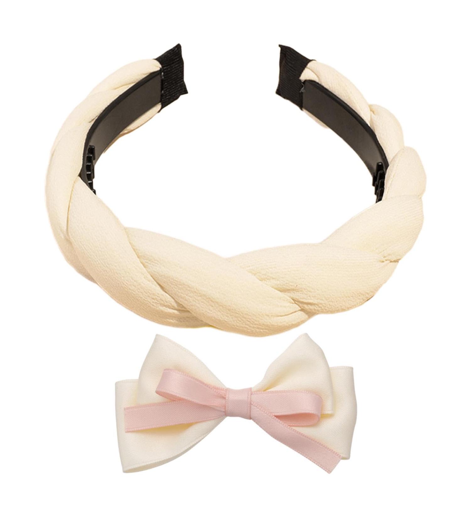 Beige White Headband Women Hairband Headband with Bowknot Hair Clip Braid Hairband for Girls Fashion No Slip Headband Hair Accessories(Beige White) - Buy Online on GoSupps.com