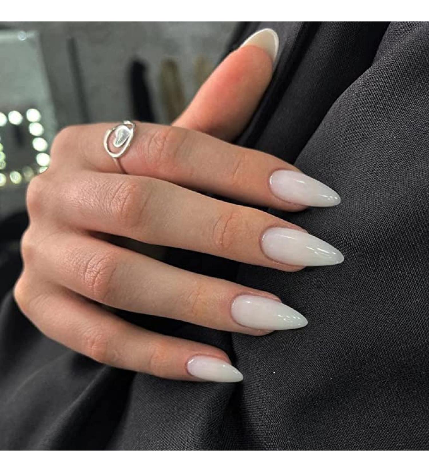 JUSTOTRY 24 Pcs Gradient White Almond Short False Nails Solid Press on Nails Pattern Glossy Milky Fake Nails Short French Oval Medium Stick on Nails for Women and Teens Nails Art 05 Milky &solid2 - Buy Online on GoSupps.com