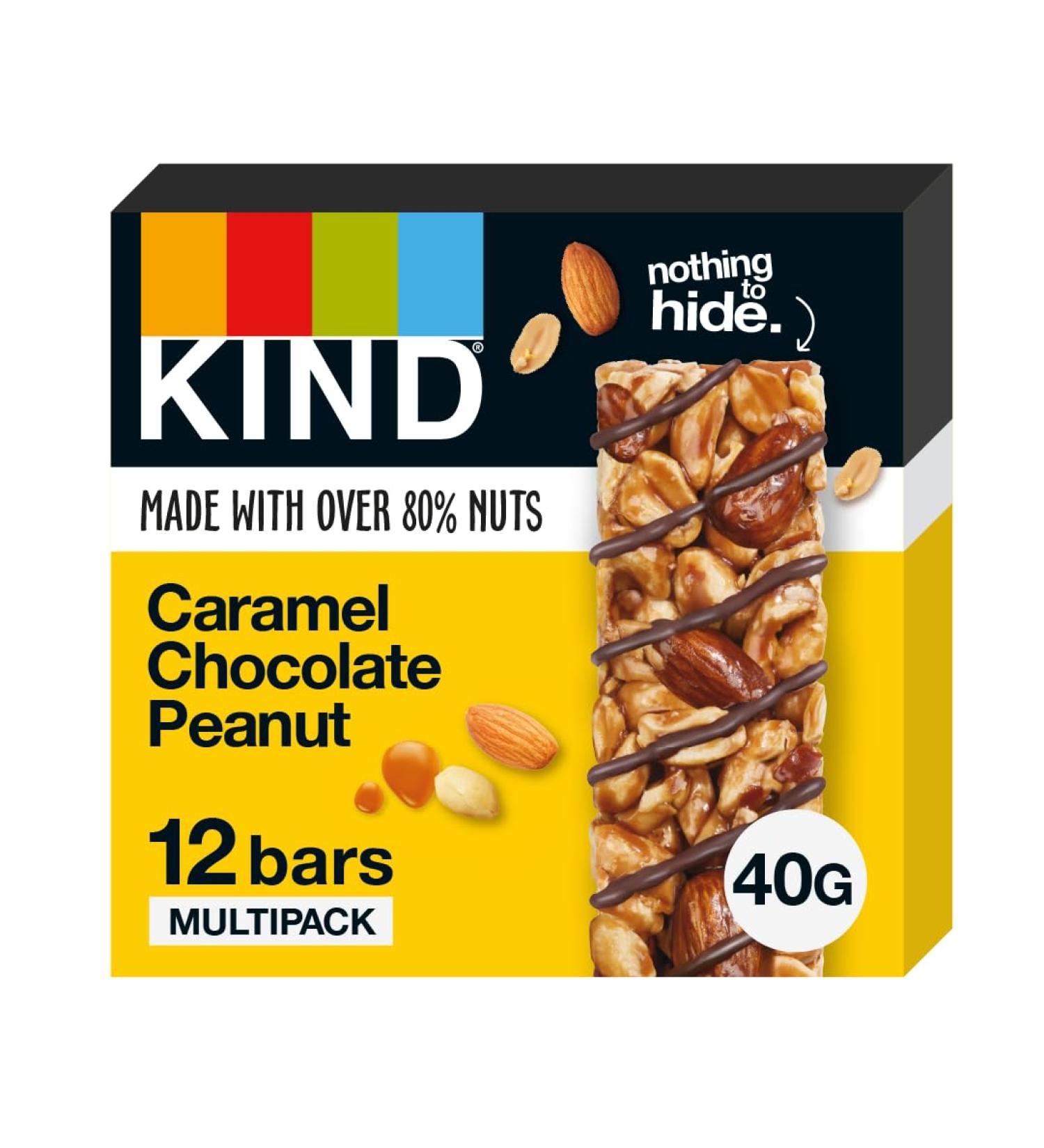 KIND Bars Gluten Free Snack Bars Caramel Chocolate Peanut High Fibre No Artificial Colours Flavours or Preservatives Multipack 12 x 40g - Buy Online on GoSupps.com