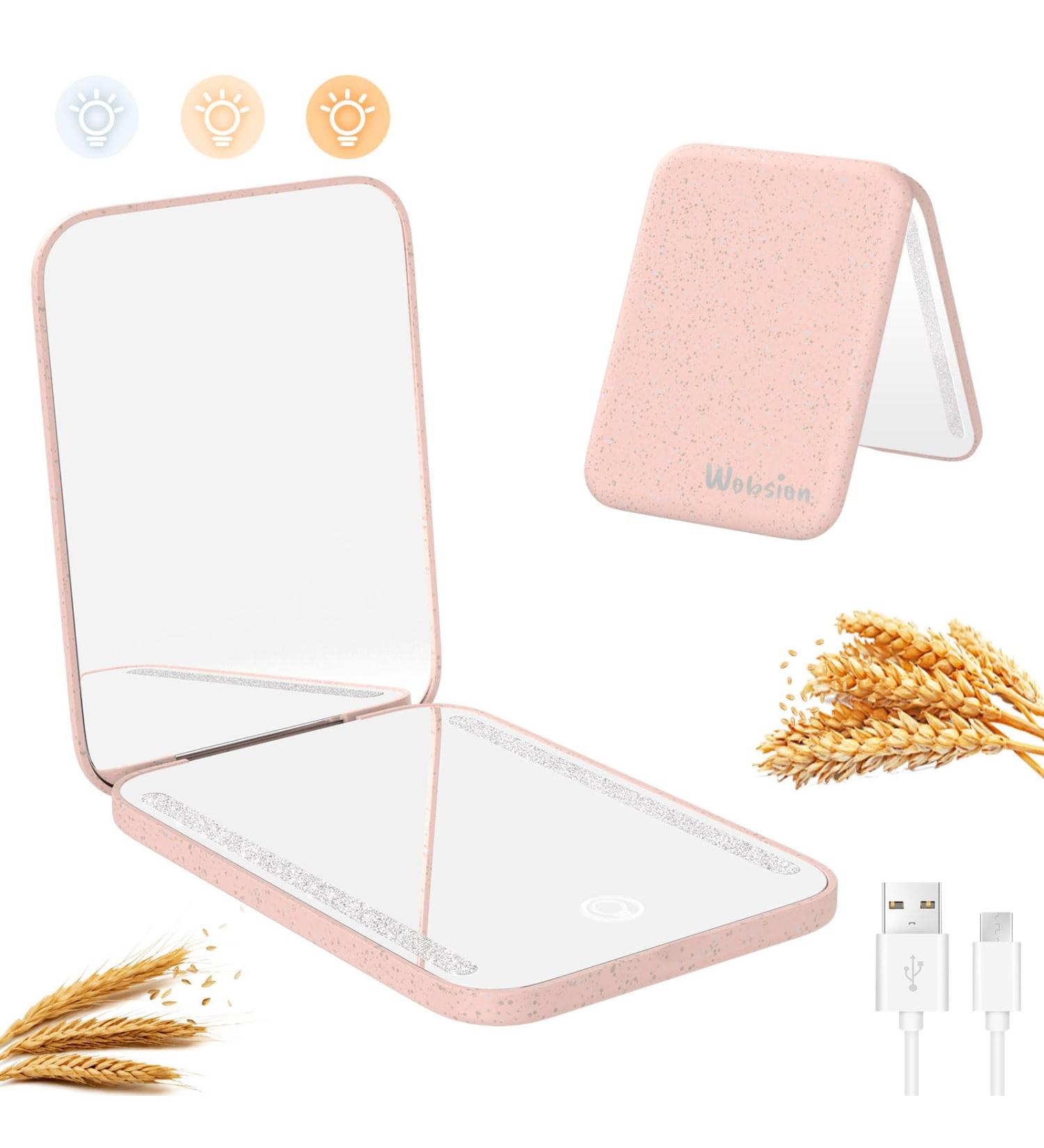 Rechargeable Wheat Straw Compact Mirror with Light - Natural Organic Fiber, 1x/3x Magnifying, Portable Travel Makeup Mirror - Pink - Buy Online on GoSupps.com